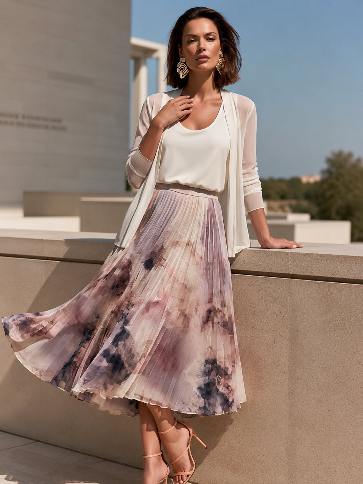 Three-Piece Set: Pleated Printed Skirt With An Oil-Painting Aesthetic