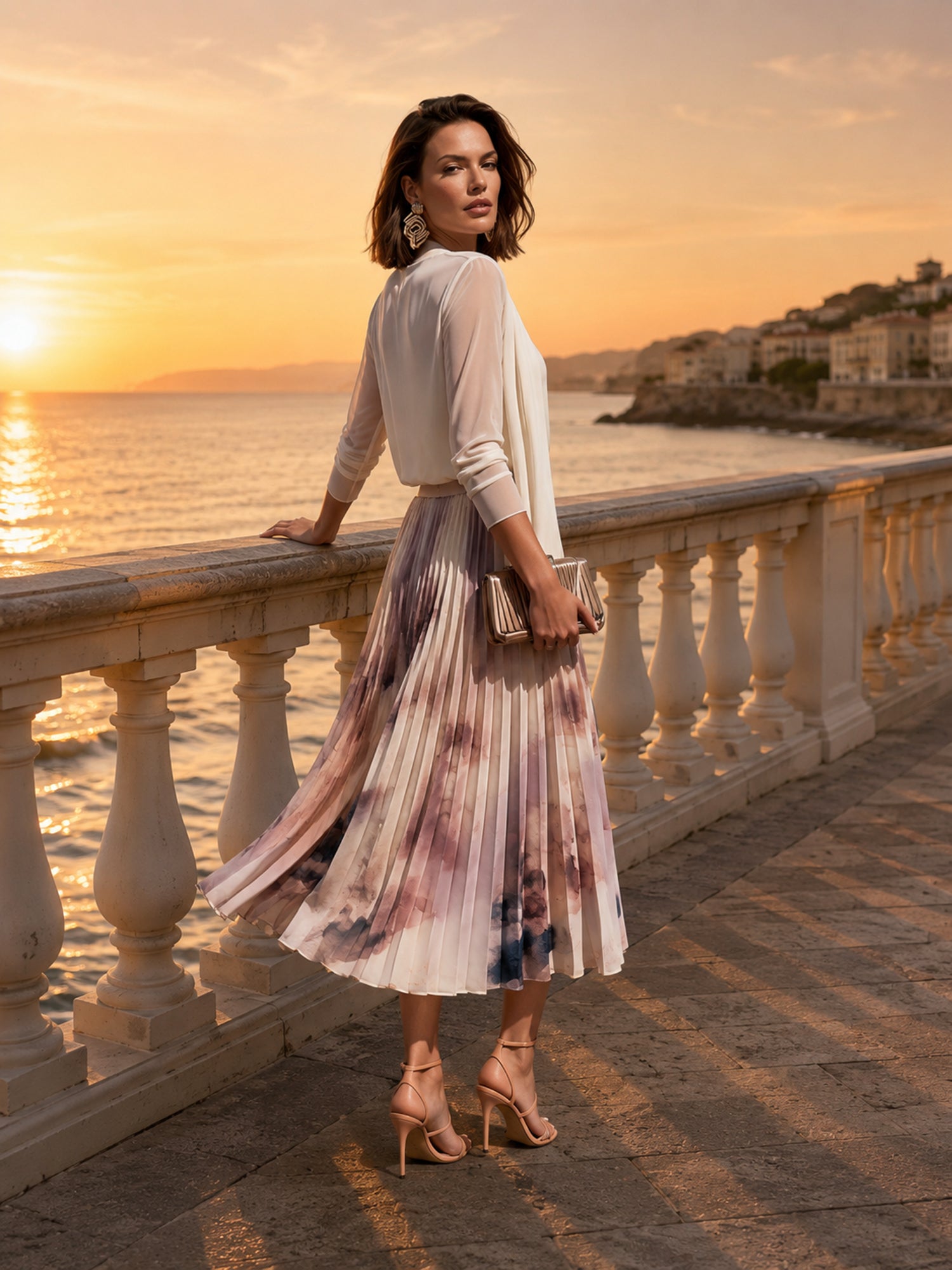 Three-Piece Set: Pleated Printed Skirt With An Oil-Painting Aesthetic