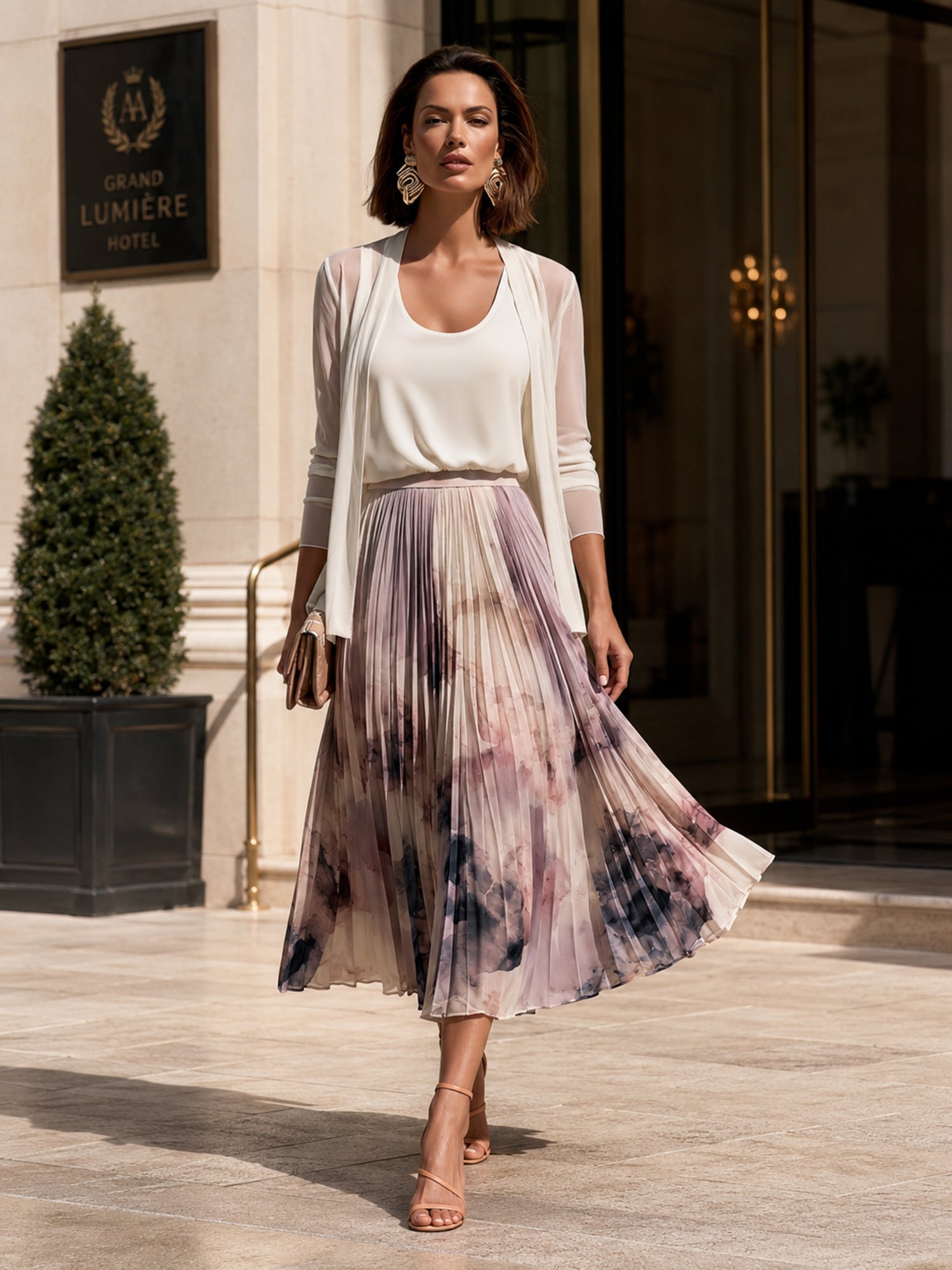 Three-Piece Set: Pleated Printed Skirt With An Oil-Painting Aesthetic