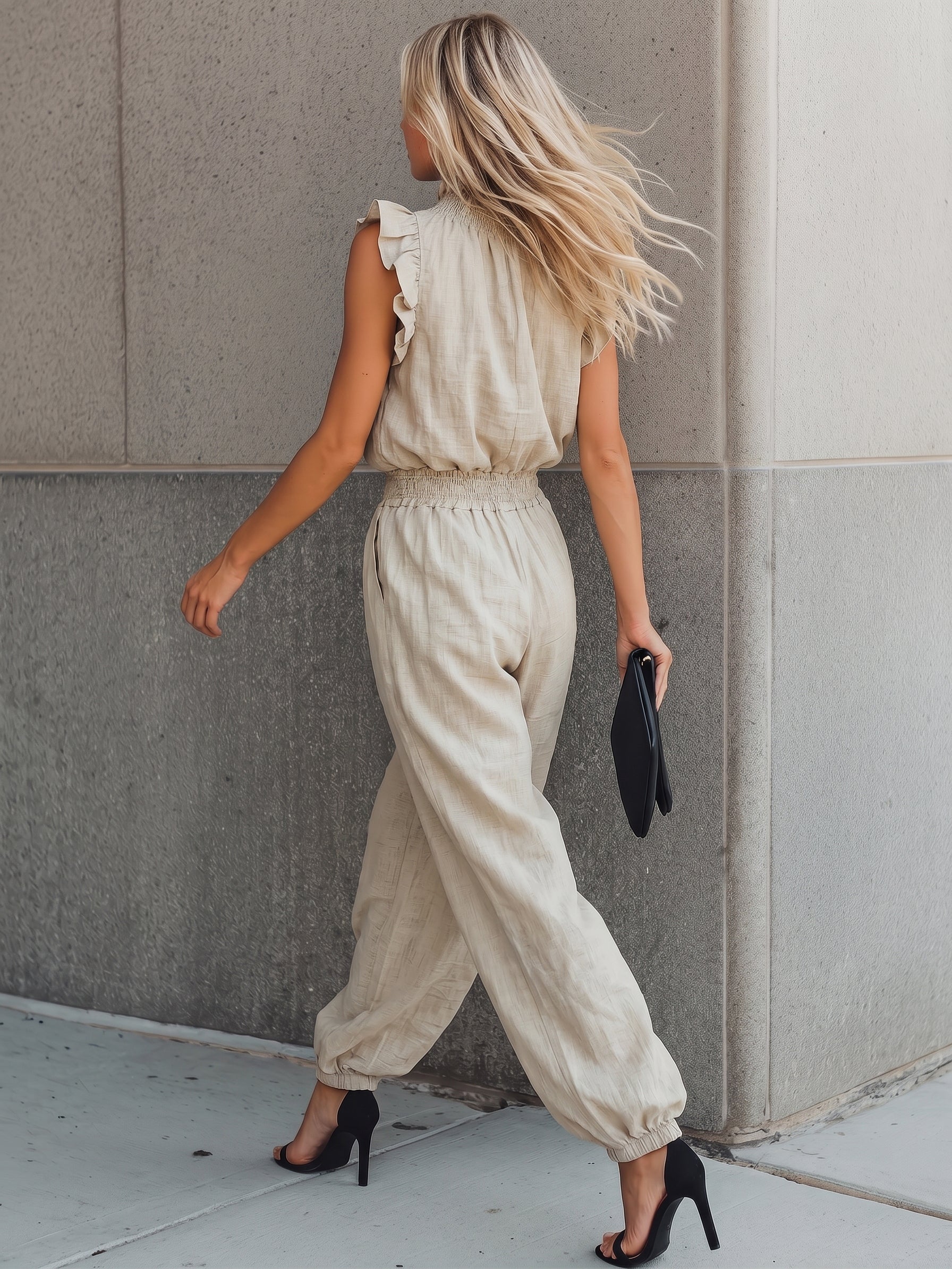 Liserie Oatmeal Linen Ruffle Neck Top & Drawstring Pants Casual Set
