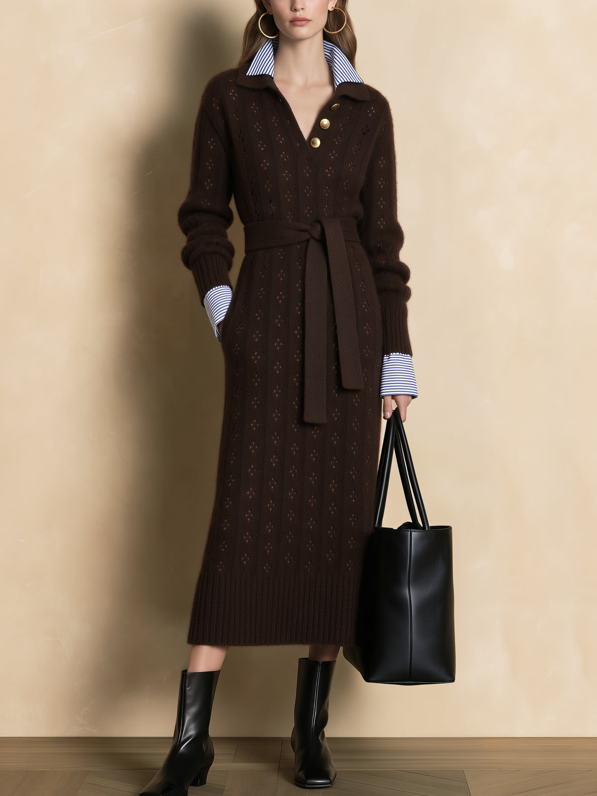 Faux Two-Piece Pointelle Knit Midi Dress