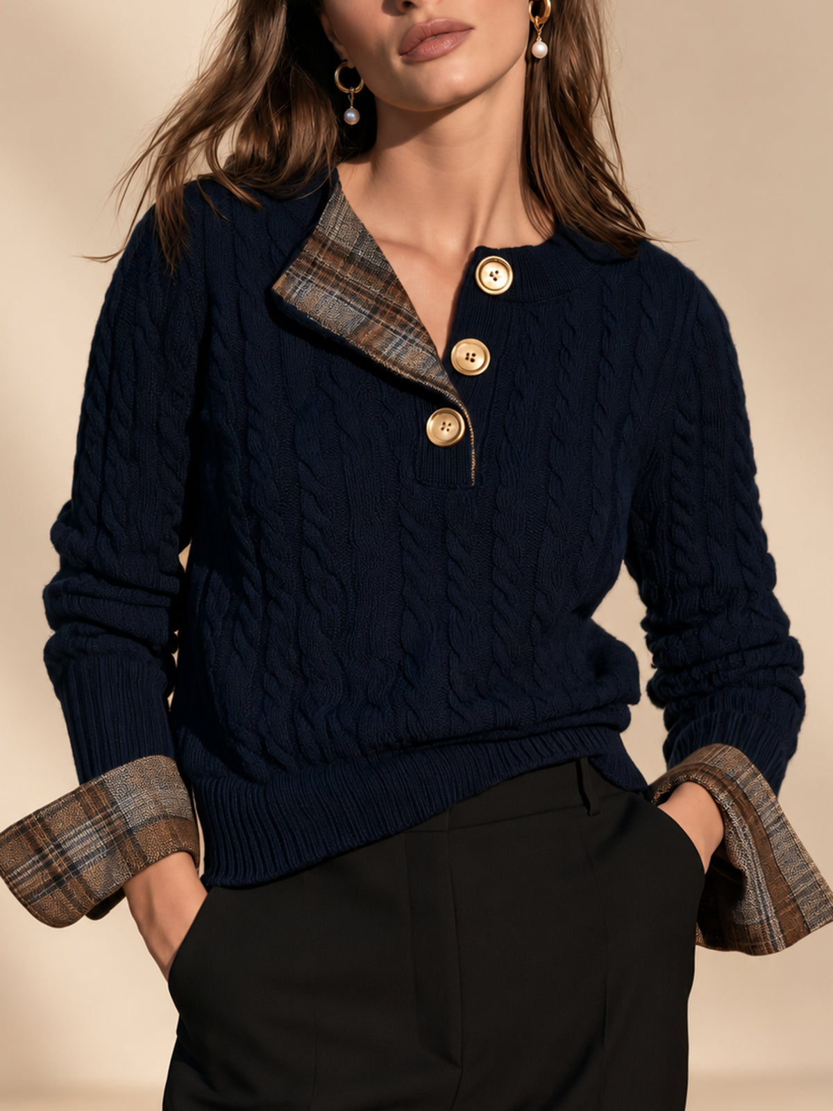Navy Cable Knit Sweater With Plaid Contrast Placket And Folded Cuffs