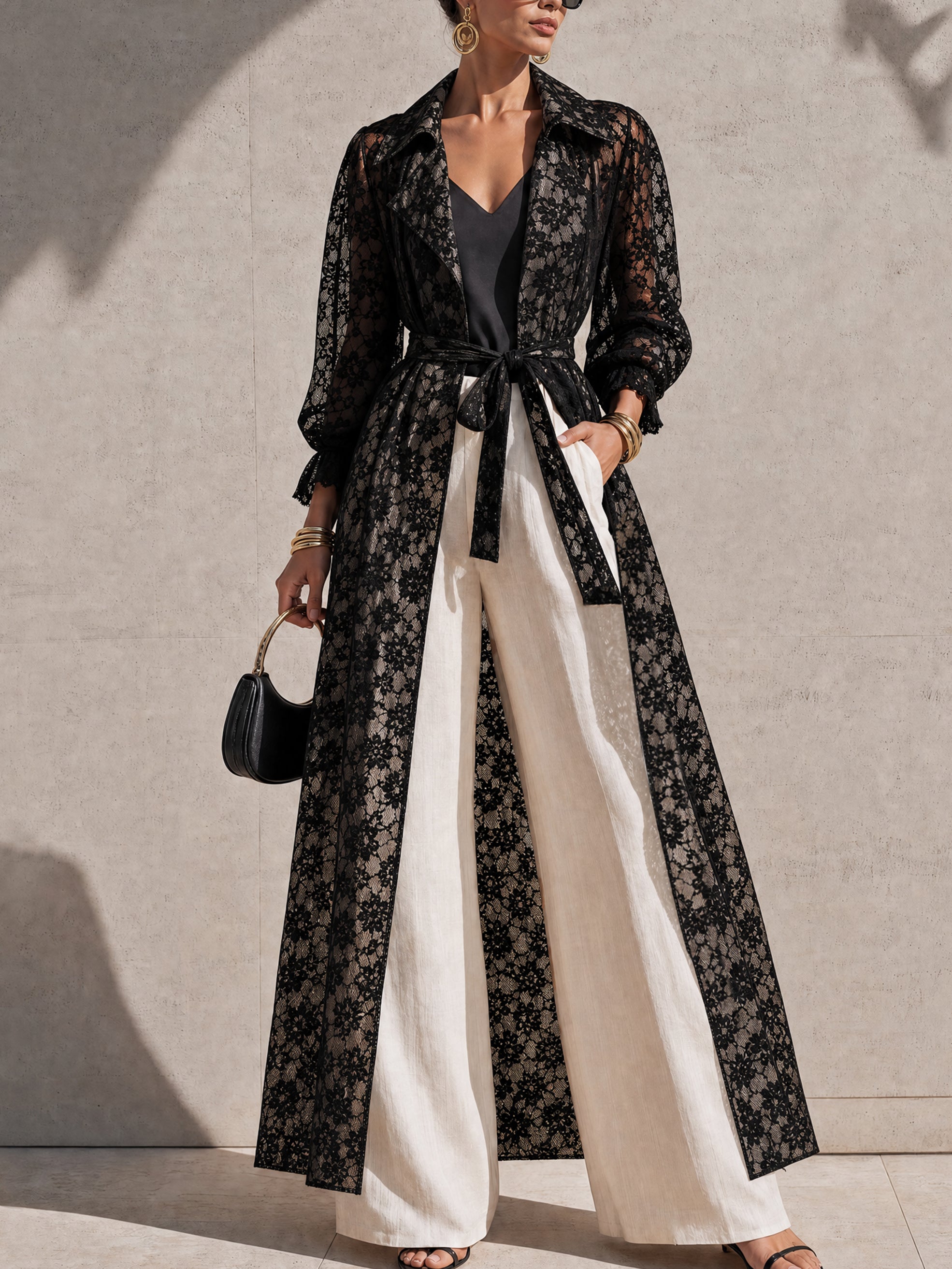 Black Floral Lace Balloon Sleeve Long Trench Coat