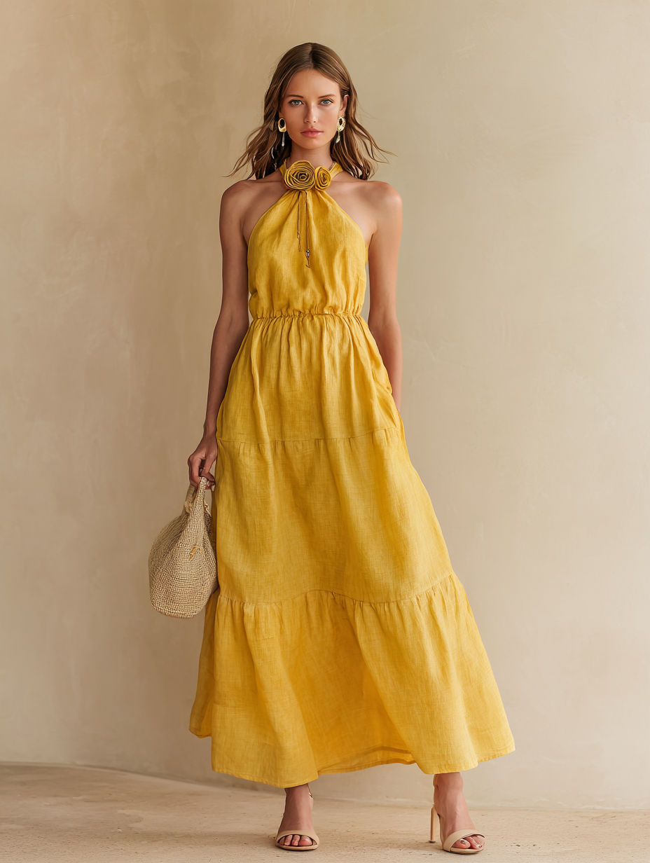 Mustard Yellow Linen Halter-neck Dress