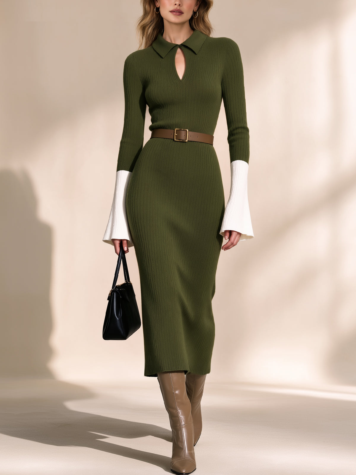 Olive Ribbed Knit Polo Midi Dress With Contrast Ivory Flared Cuffs