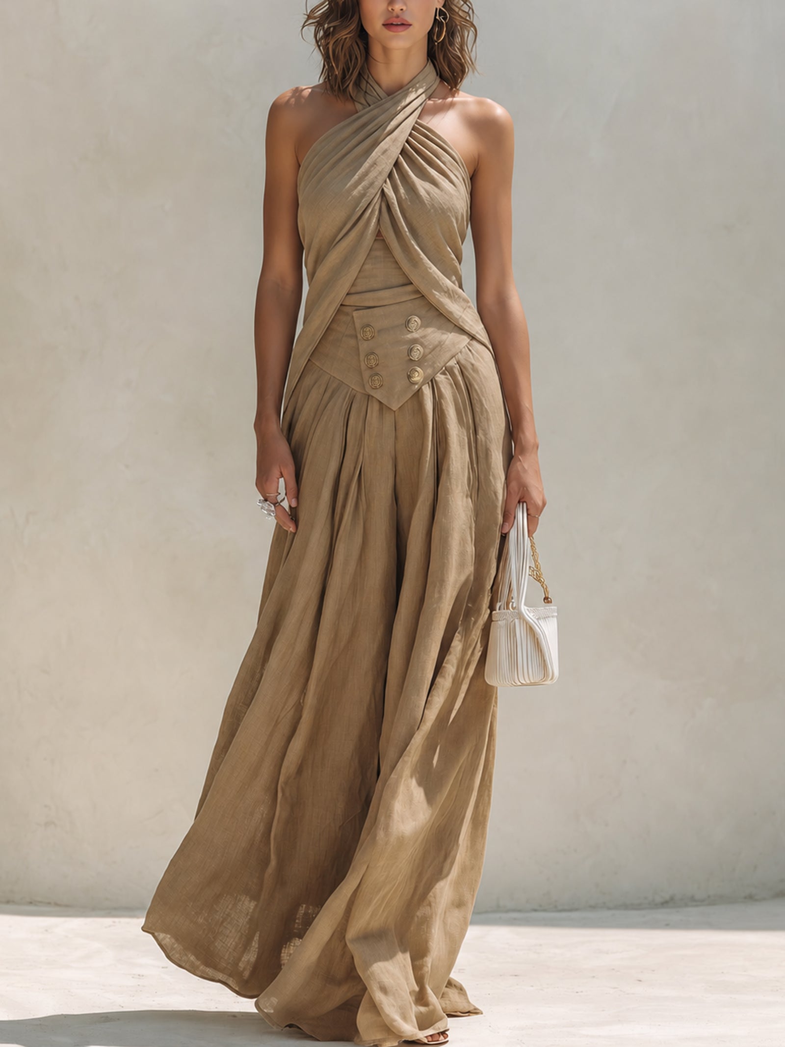 Light Brown Linen Halter-neck Set