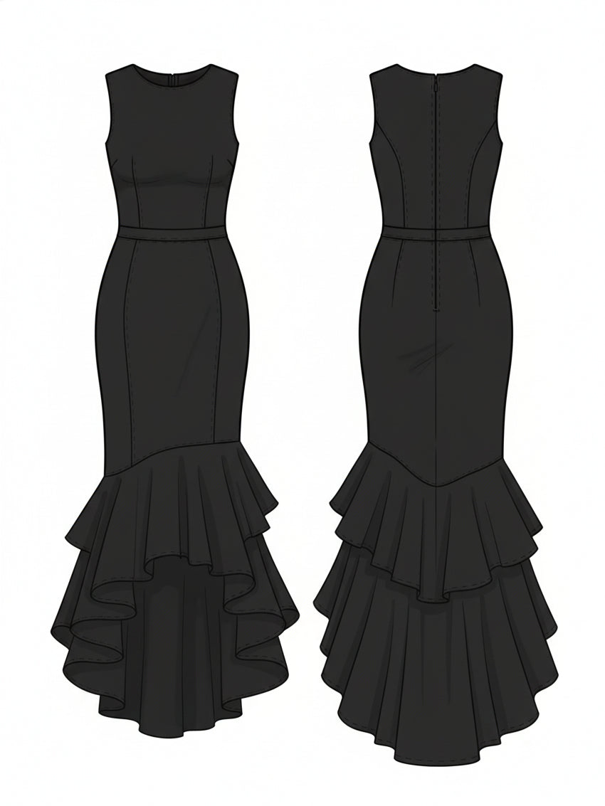 Robe longue de soirée sirène noire sans manches à volants Liserie