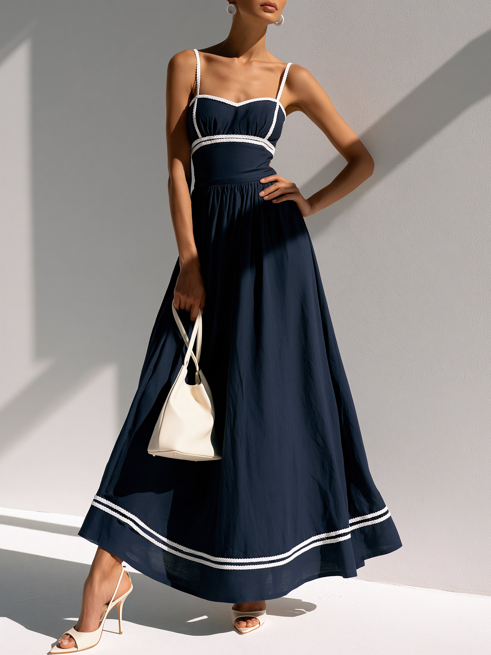 Liserie Cotton Navy Maxi Dress With Contrast Trim