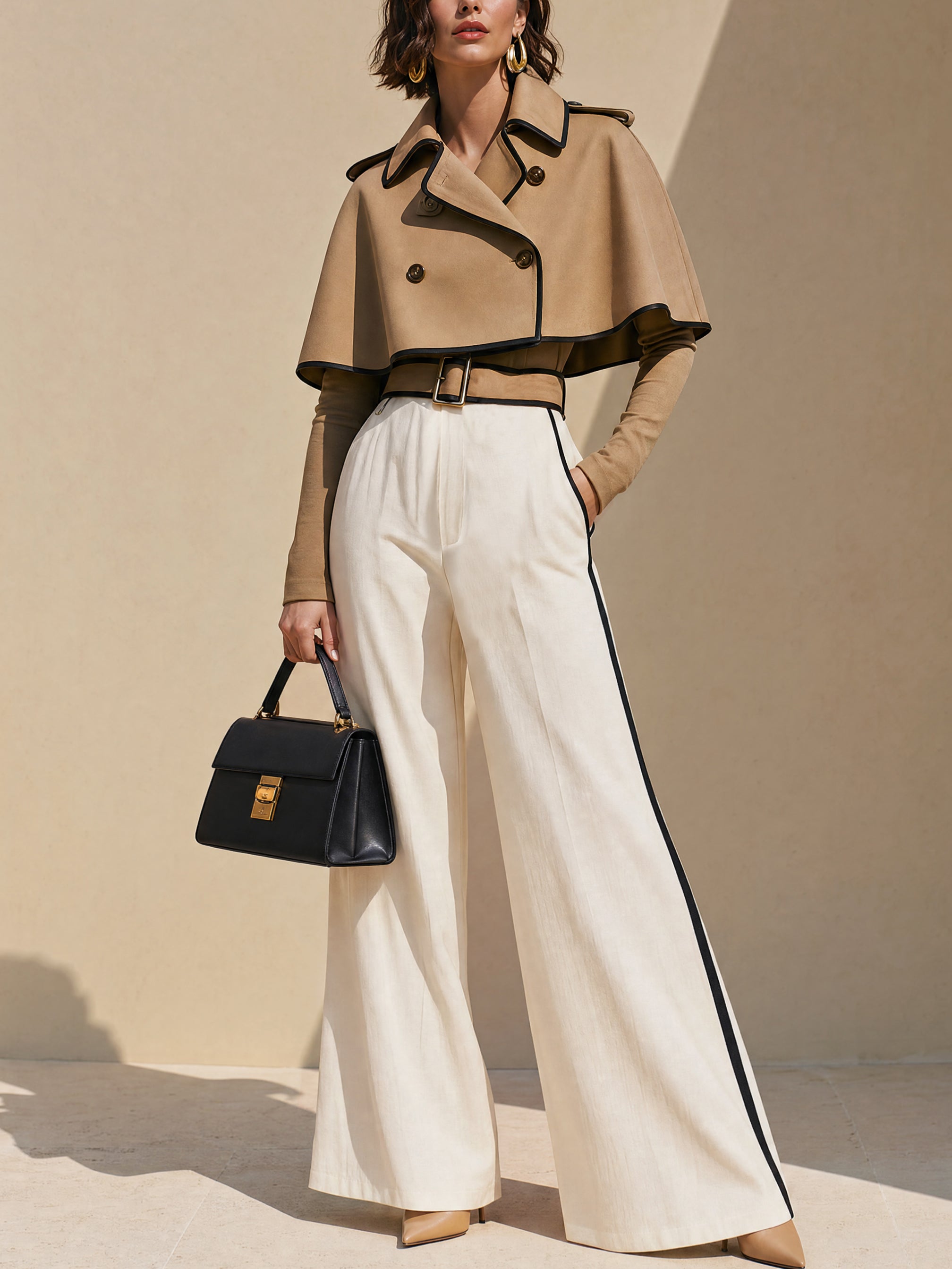 Women's Cropped Cape Coat with Contrast Piping Belted Trench Style