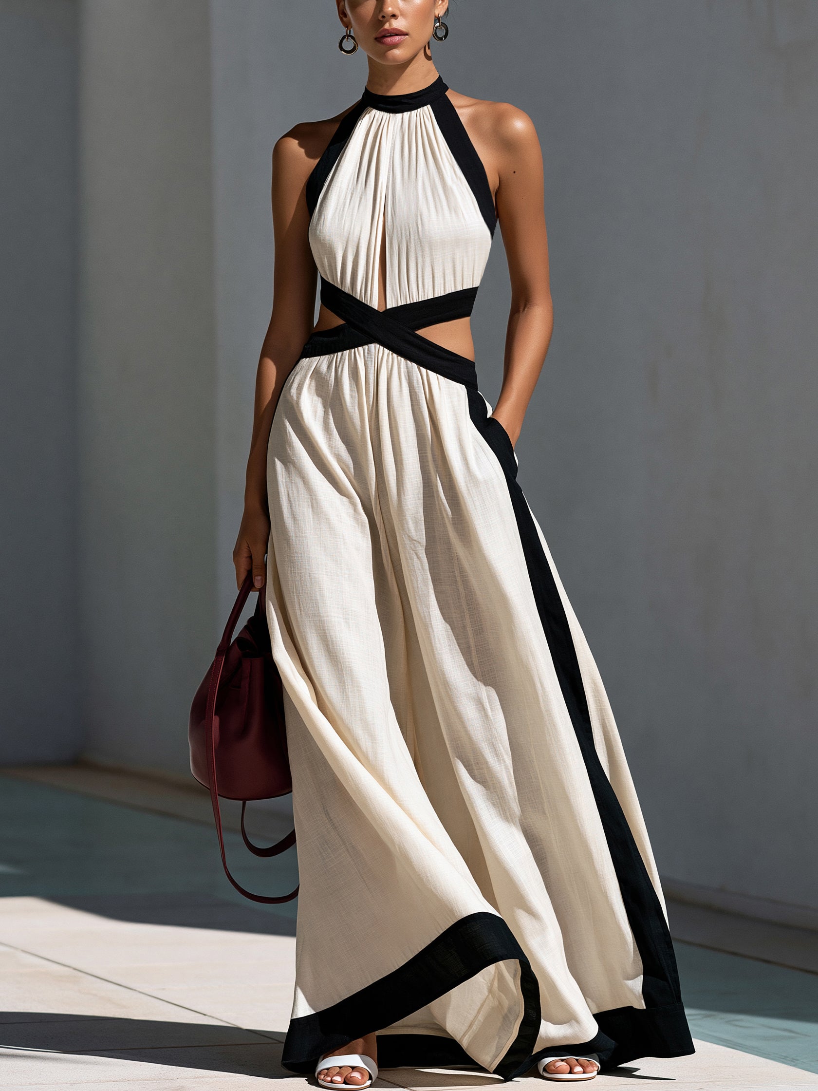 Liserie Linen Cross Waist & Contrast Trim Maxi Dress