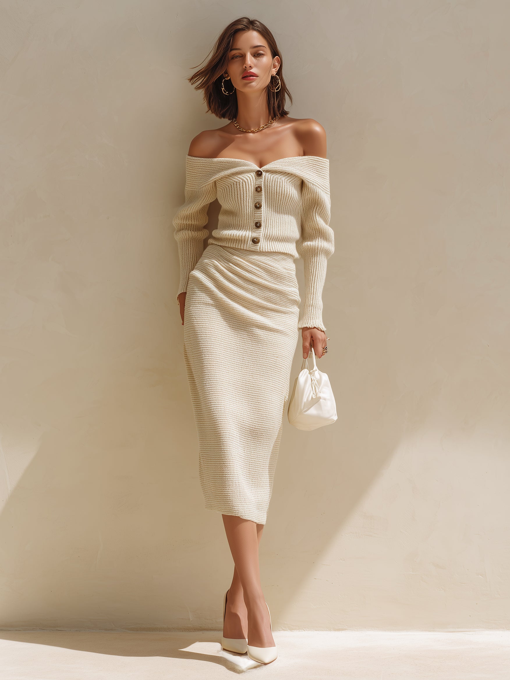 White Off-the-shoulder Knitted Two-piece Set