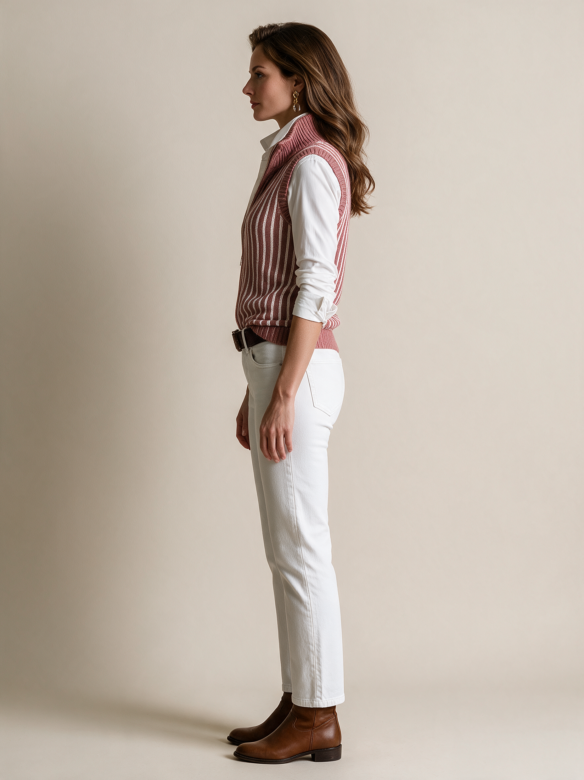 Rose Striped Zip-Up Sleeveless Knit Vest