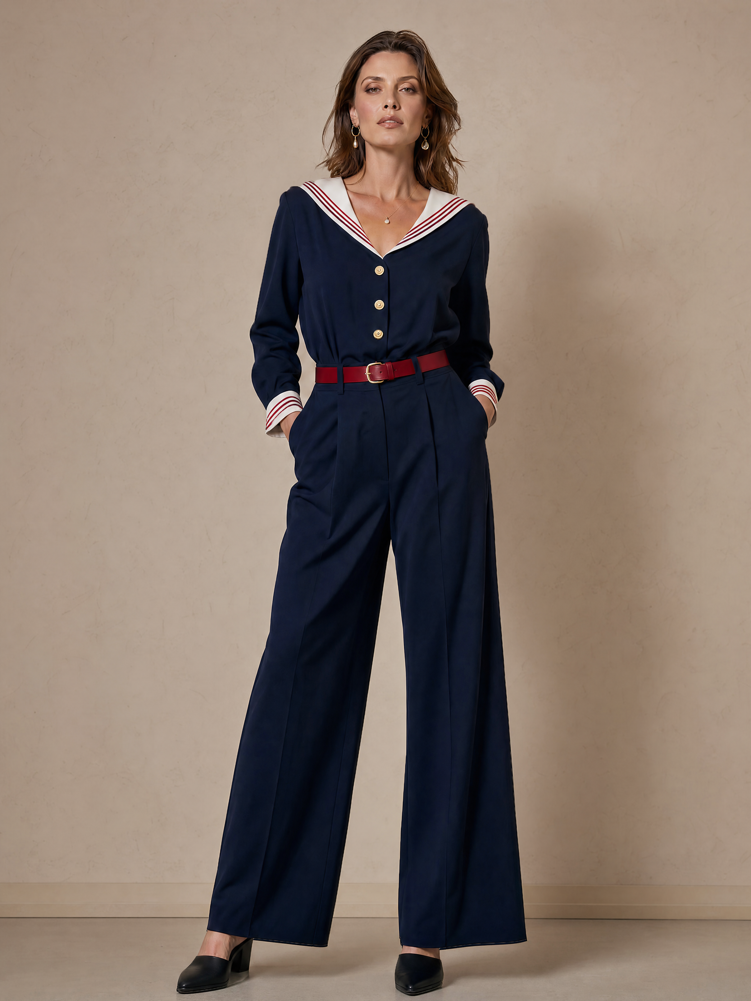 Elegant Navy Sailor-Collar Contrast Wide-Leg Jumpsuit