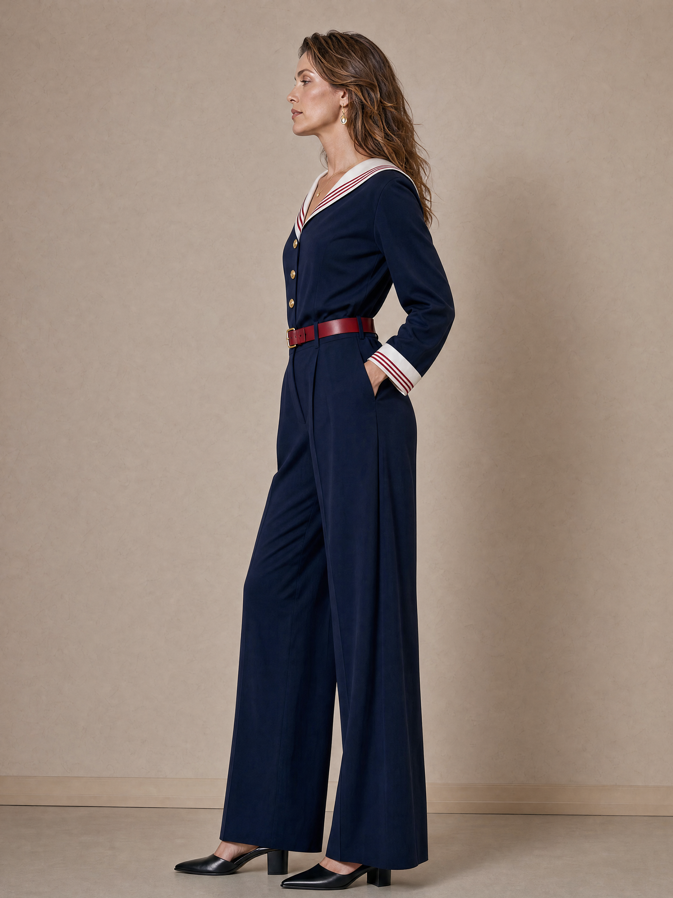 Elegant Navy Sailor-Collar Contrast Wide-Leg Jumpsuit