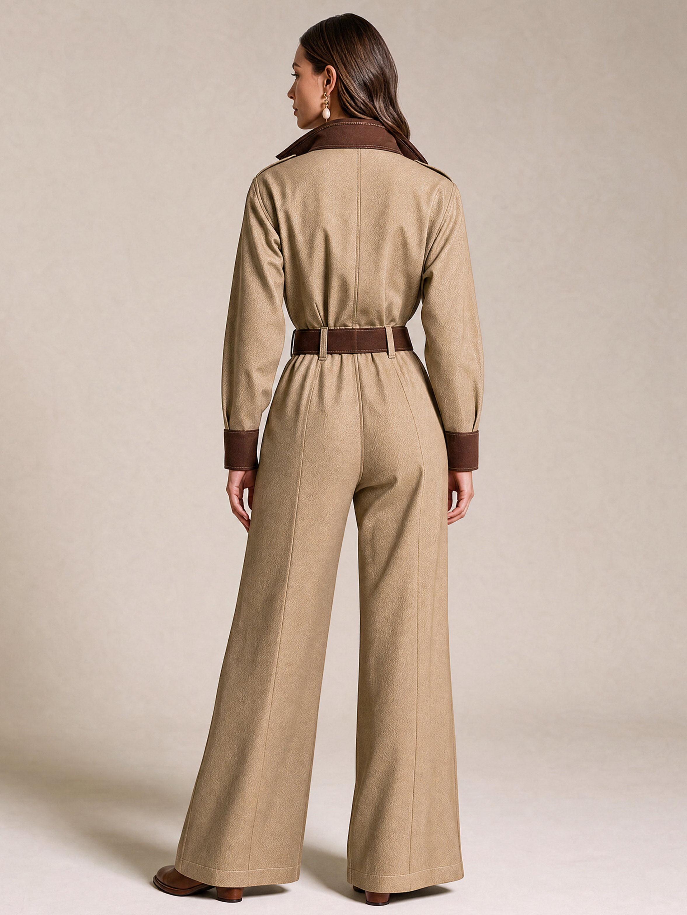Elegant Khaki & Light Brown Contrast V-Neck Jumpsuit