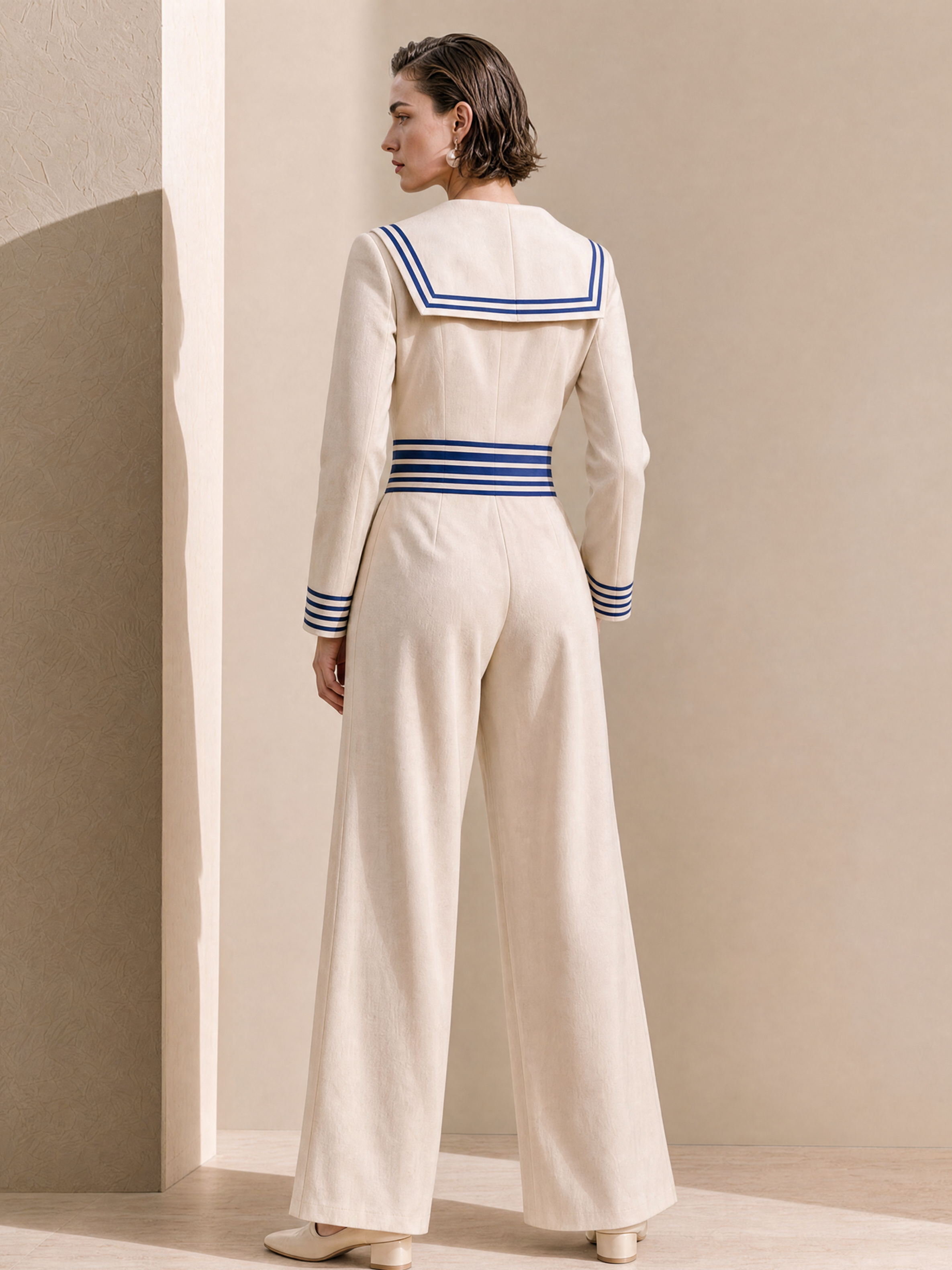Elegant Ivory & Navy Nautical Wide-Leg Jumpsuit