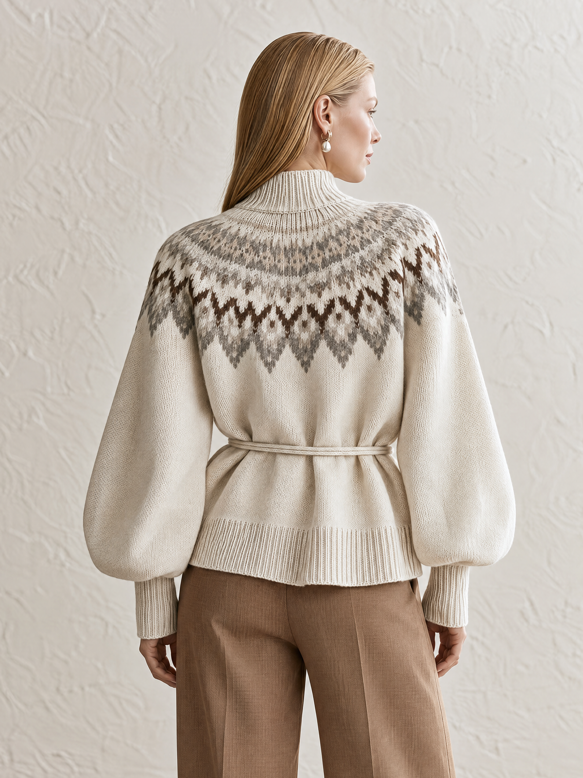 Elegant Ivory & Taupe Fair Isle Wool Knit Sweater