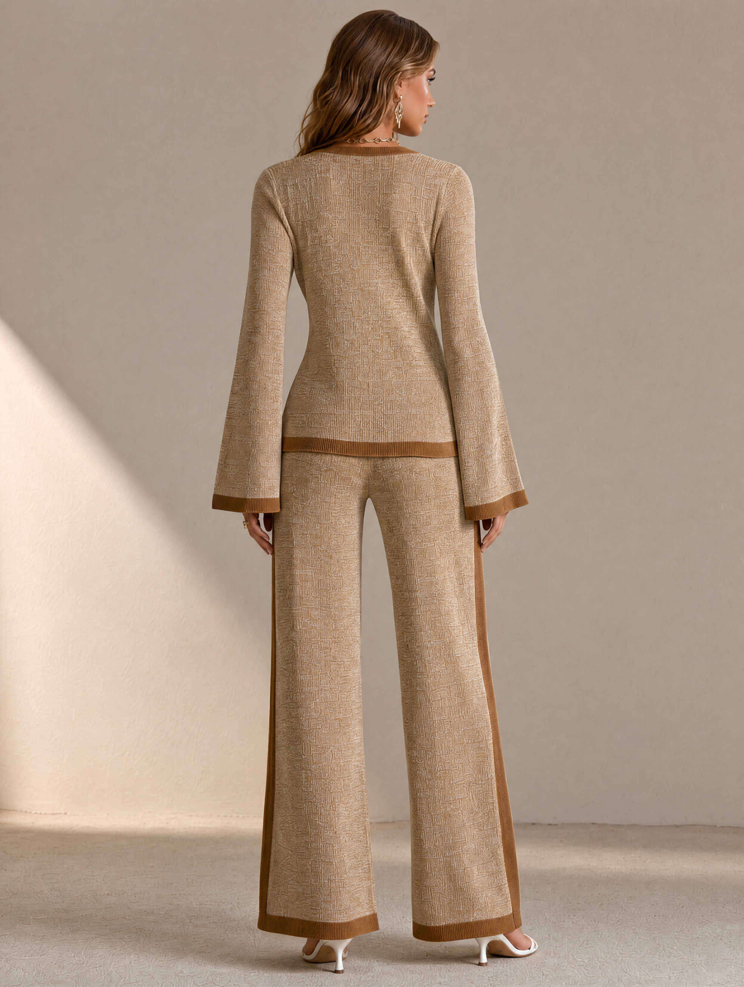 Elegant Coffee Brown Contrast Knit Wrap Top & Asymmetric Wide Leg Pants Set
