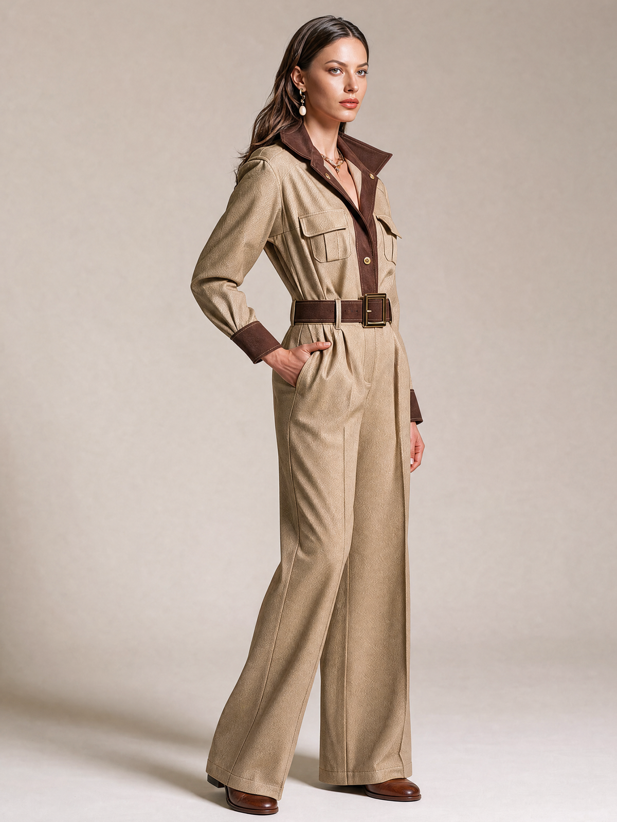 Elegant Khaki & Light Brown Contrast V-Neck Jumpsuit