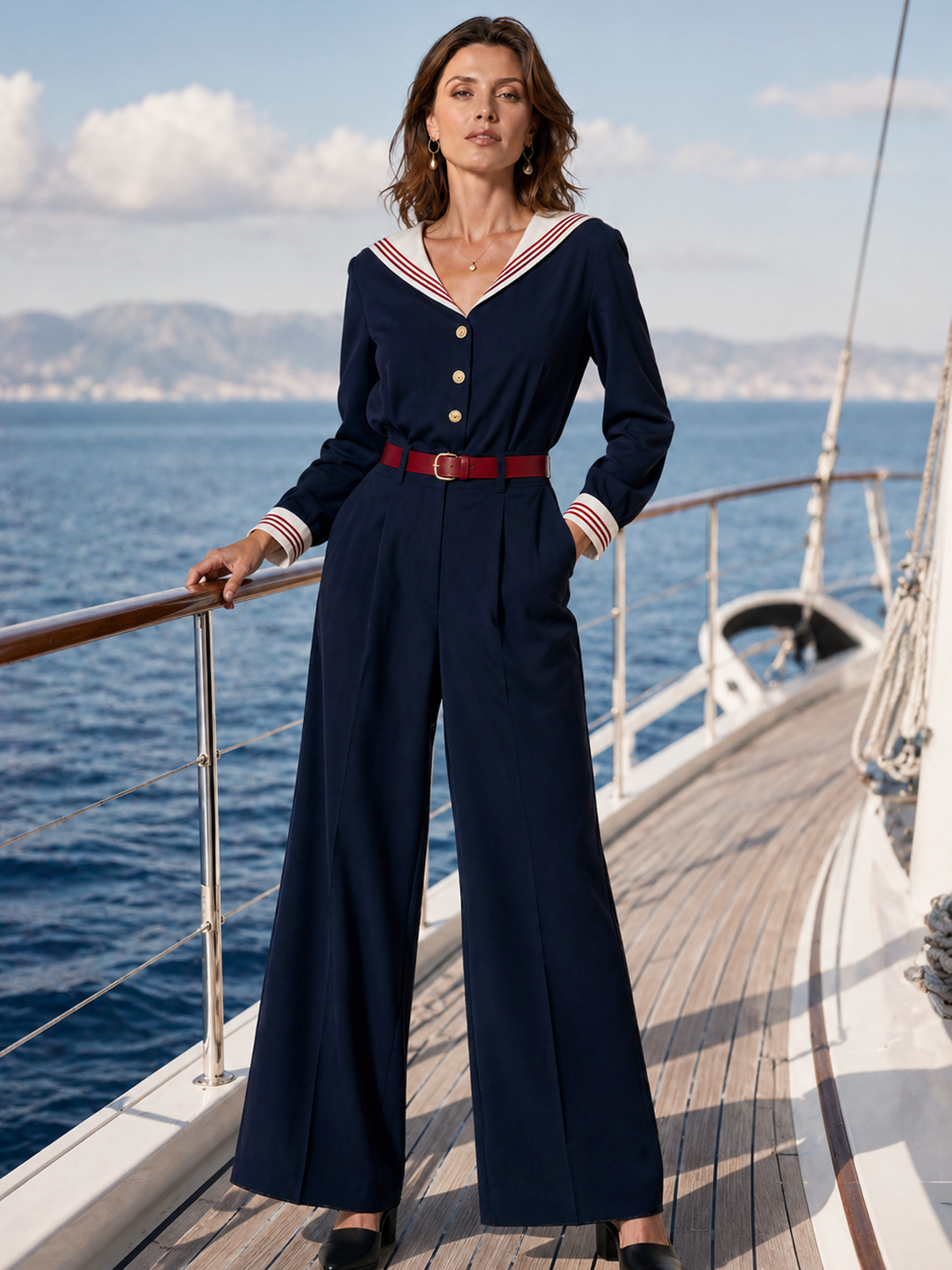 Elegant Navy Sailor-Collar Contrast Wide-Leg Jumpsuit