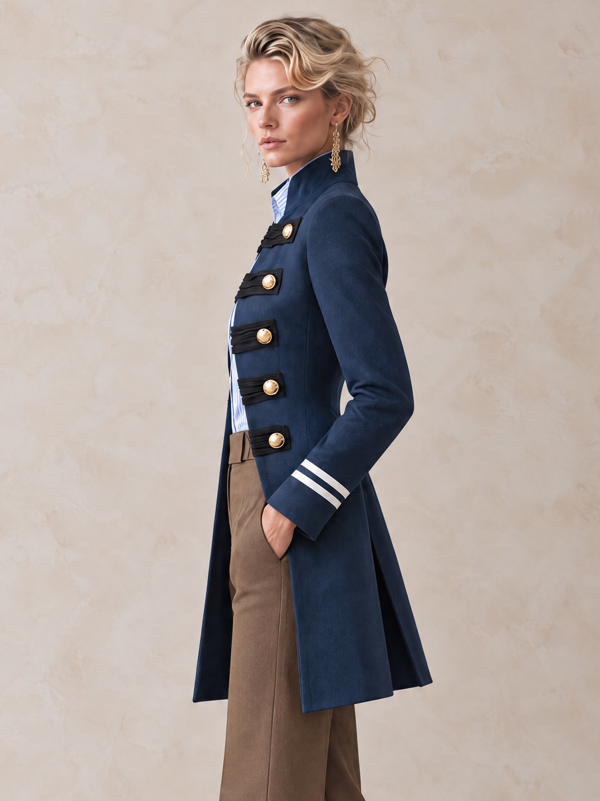 Elegant Navy Military-Inspired Longline Blazer