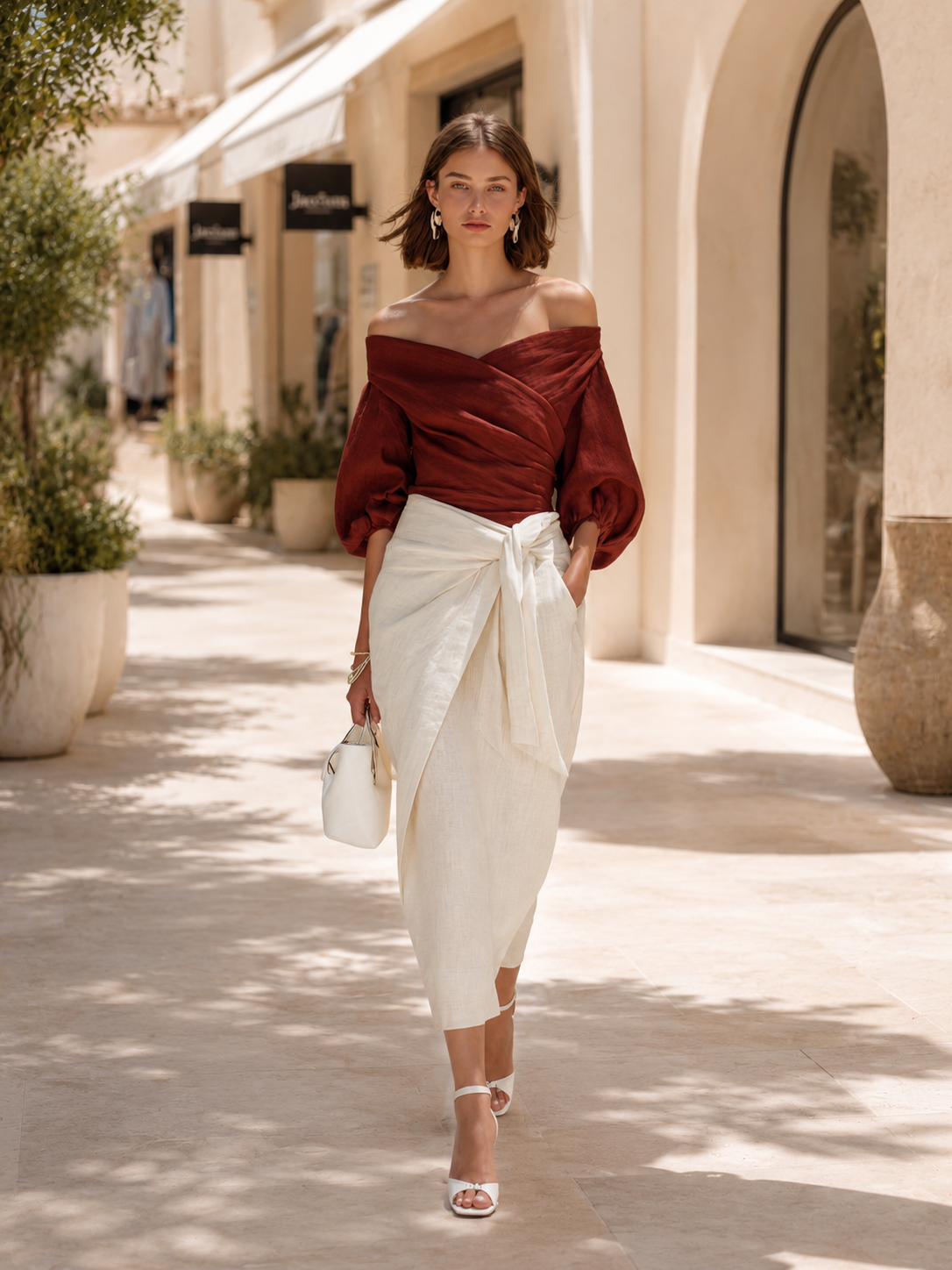 Elegant Burgundy Linen Shirt And White Skirt Set