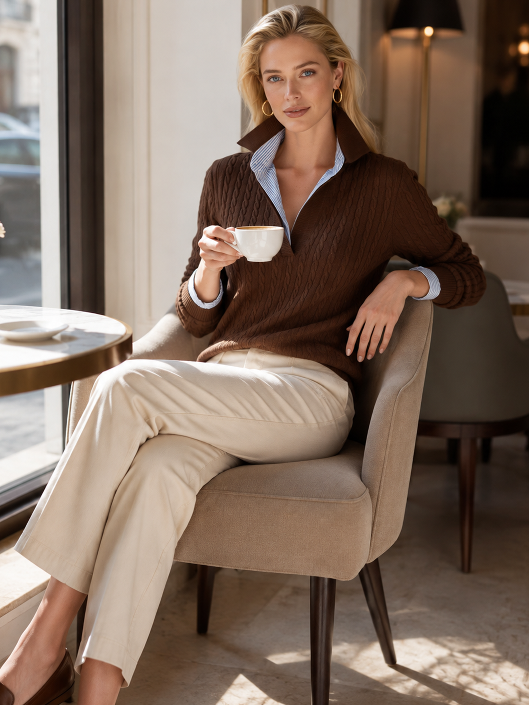 Brown Cable‑Knit Collared Fake‑Layer Pullover Sweater