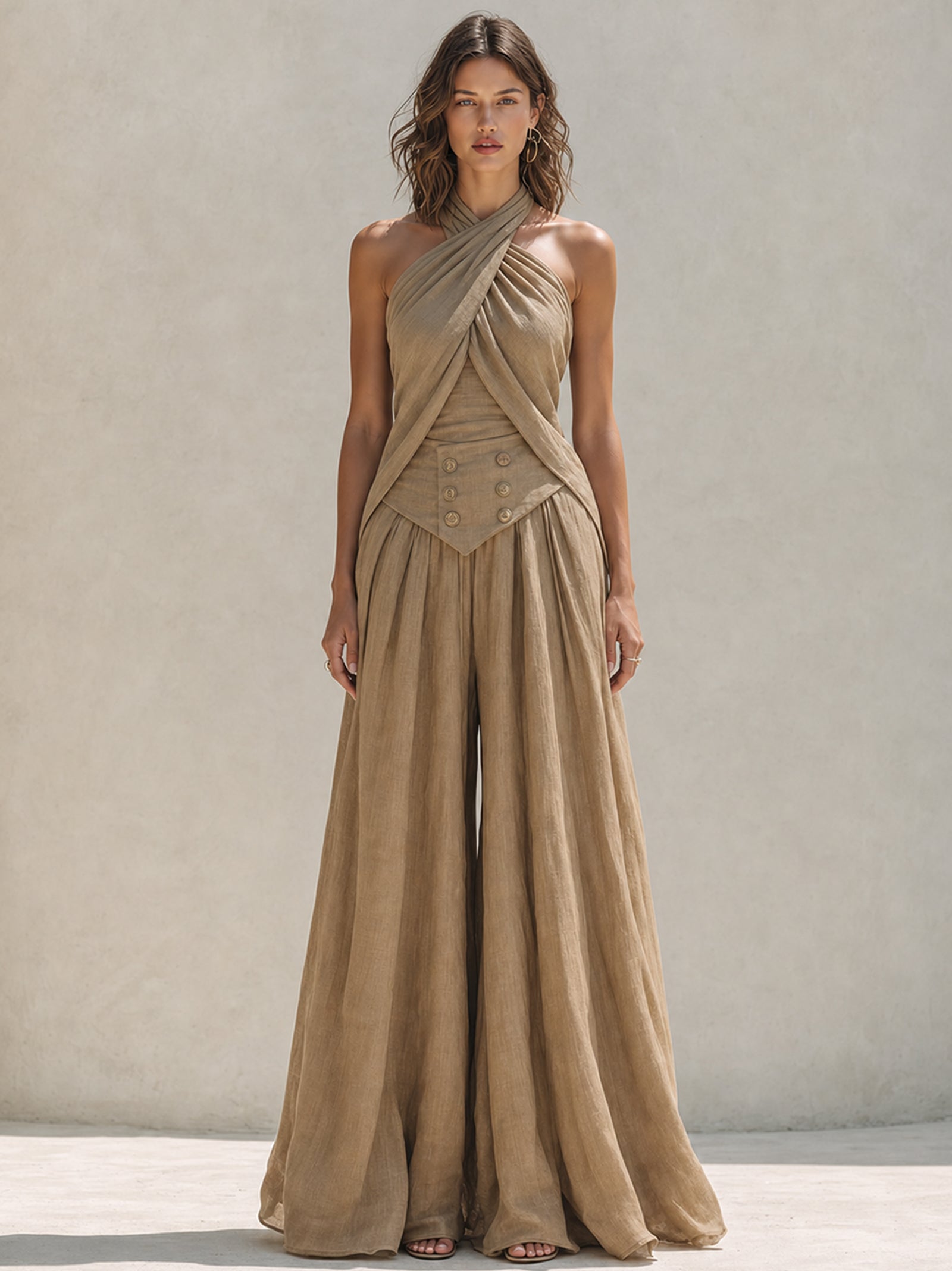 Light Brown Linen Halter-neck Set