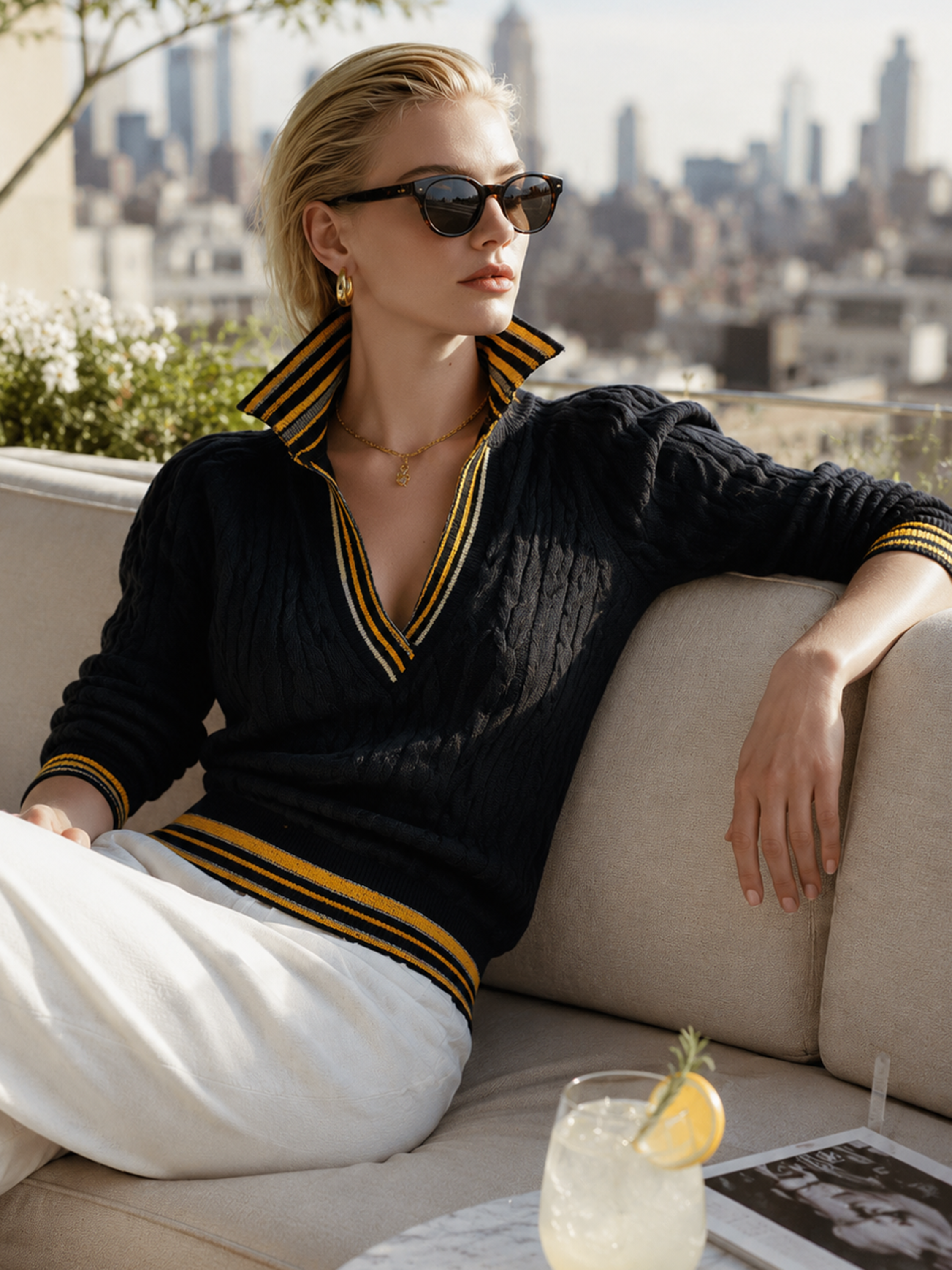 Contrast‑Stripe Trim V‑Neck Cable‑Knit Pullover