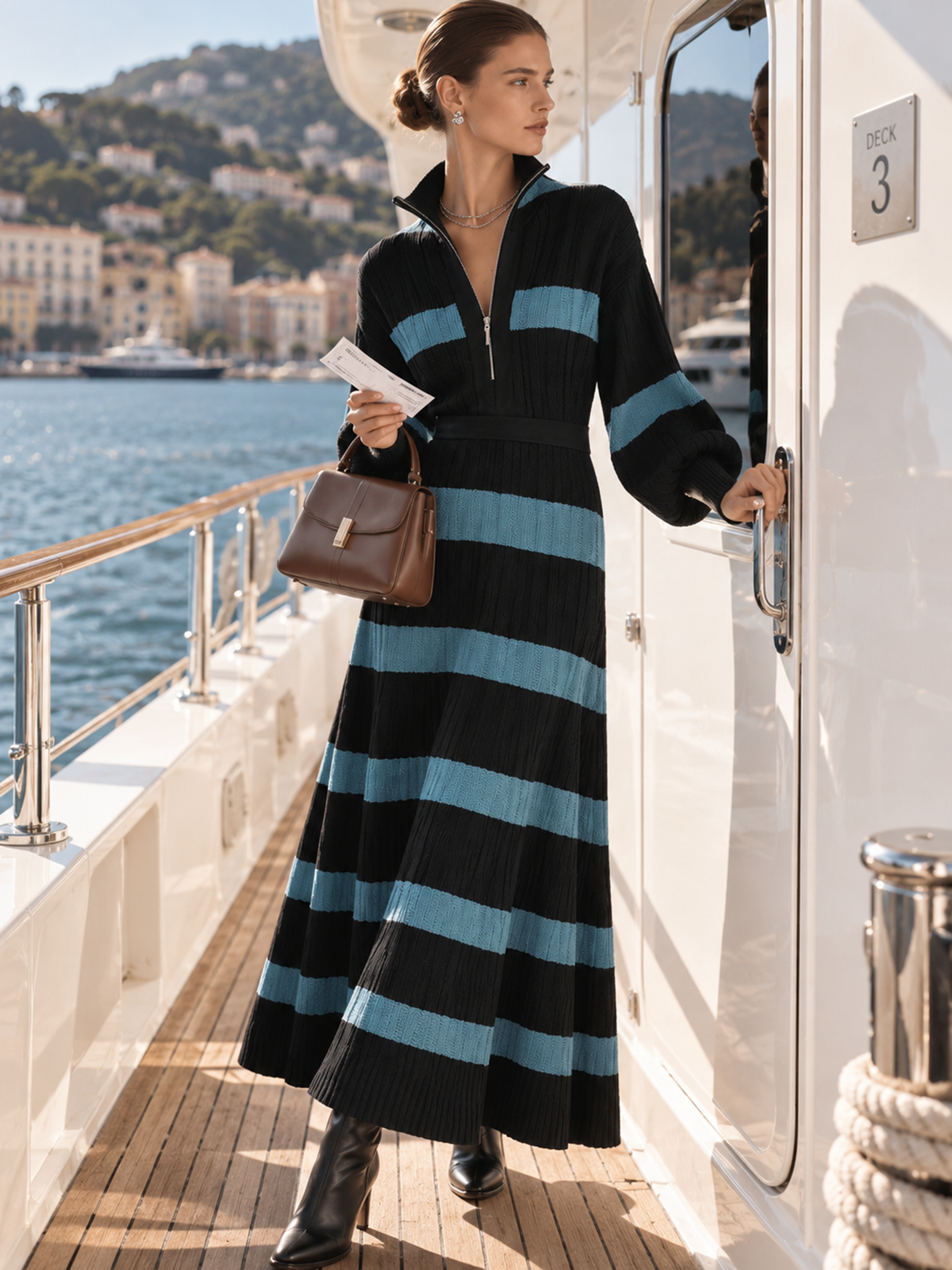 Color‑Block Half‑Zip Collar Striped Waisted Knit Maxi Dress