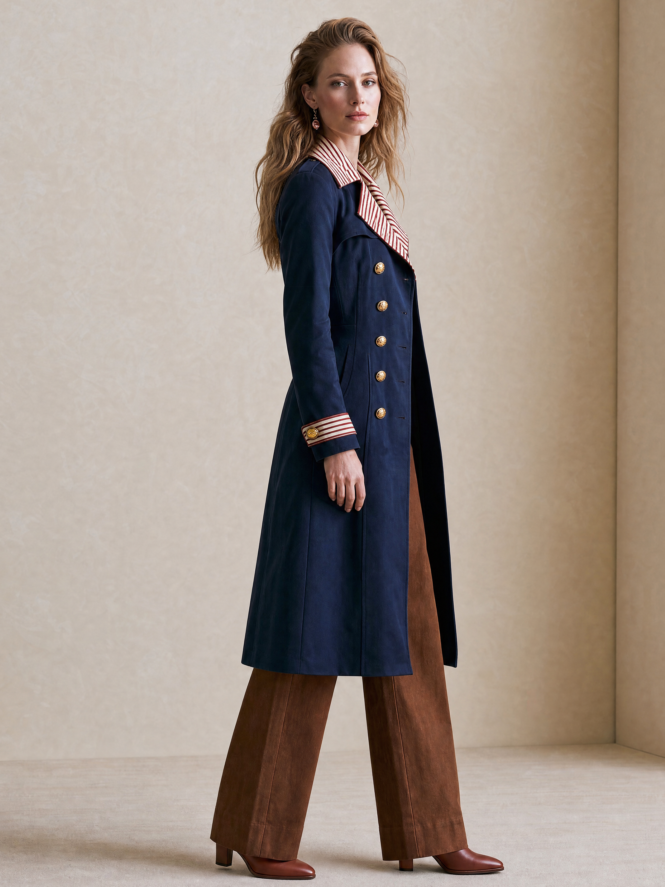 Elegant Navy Contrast-Stripe Double-Breasted Trench Coat