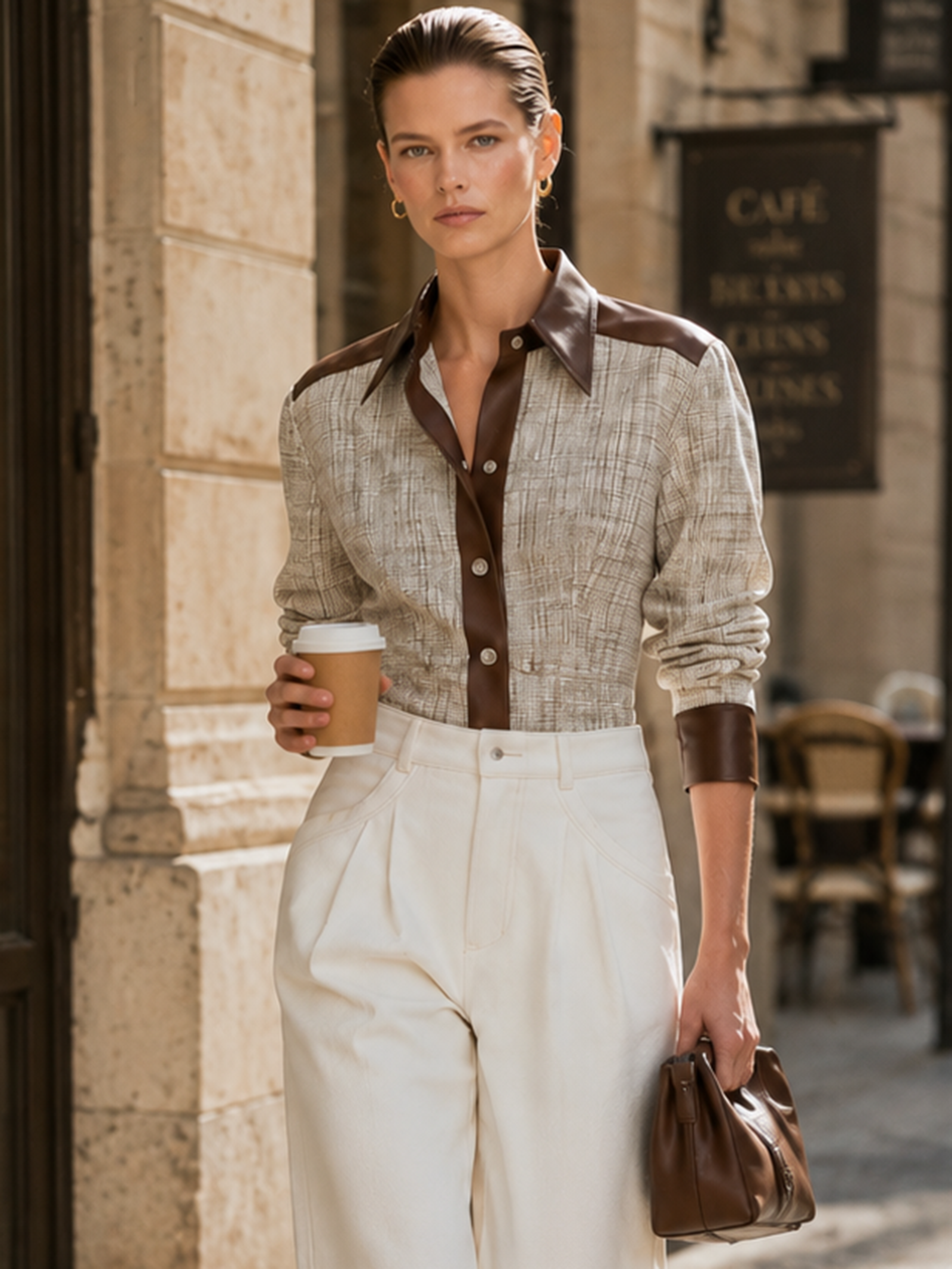 Coffee Faux‑Leather Contrast Woven Plaid Collar Cropped Jacket