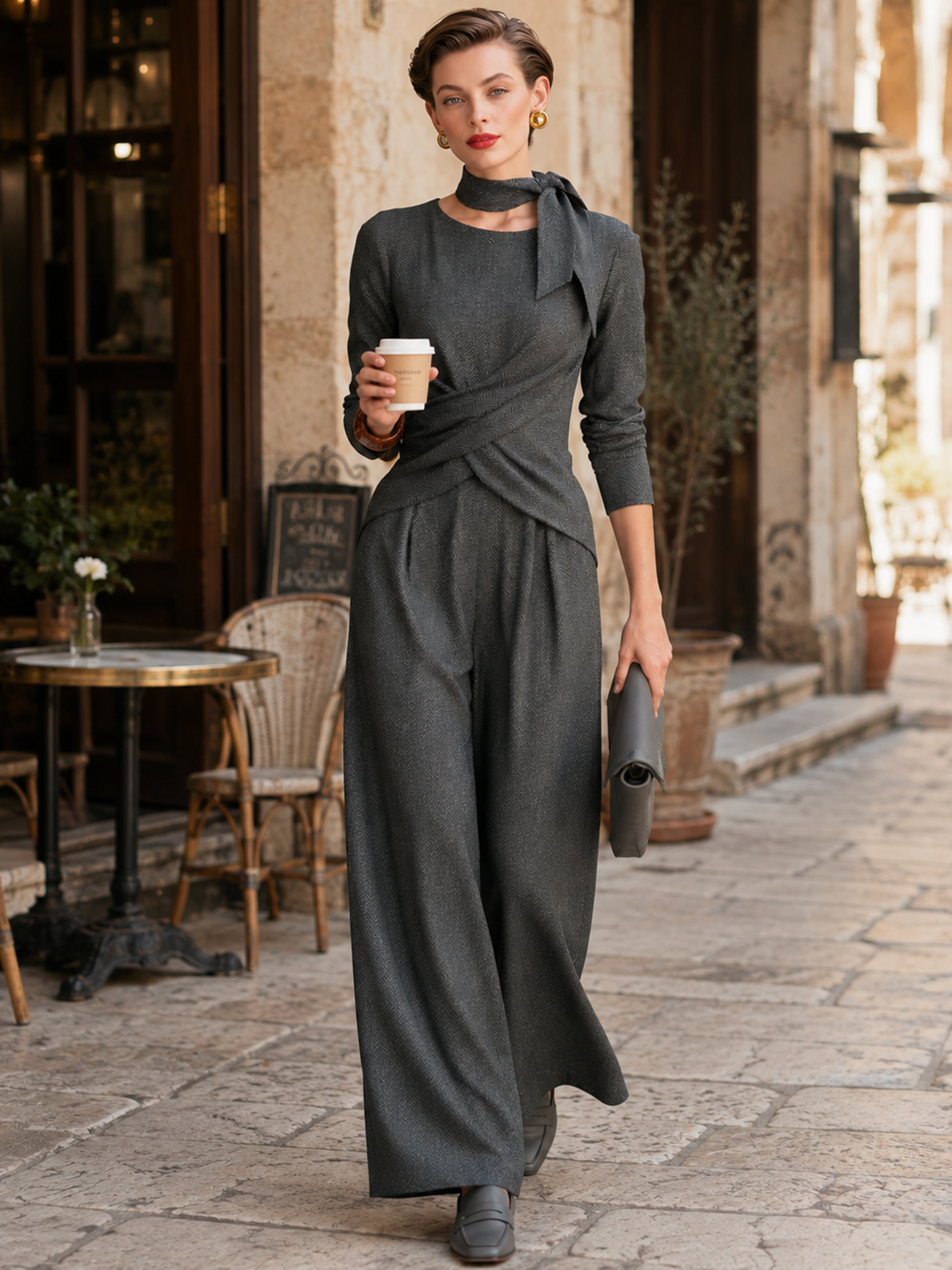 Charcoal Grey Twist Front Sash High Waist Wide‑Leg Jumpsuit