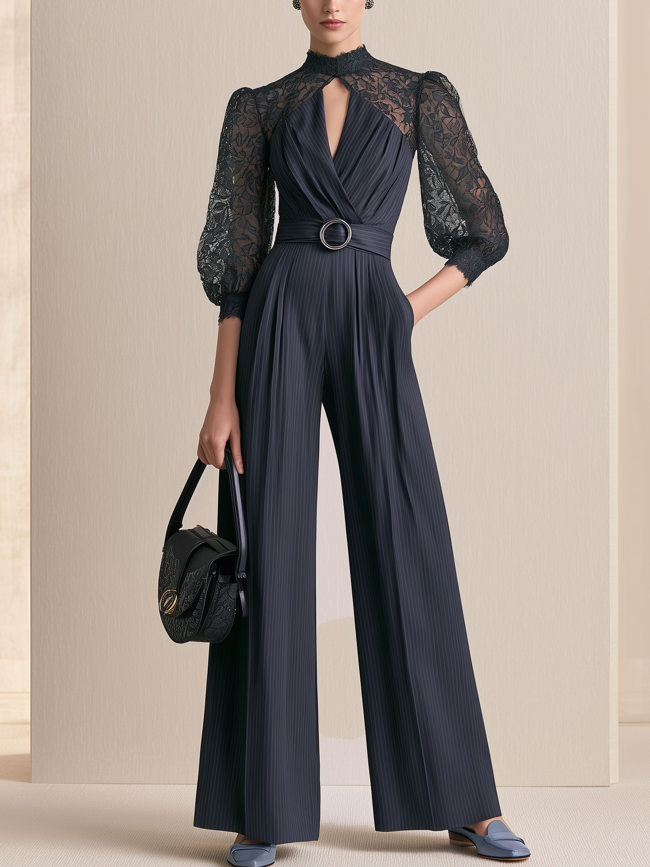 Navy Lace Mock Neck Waisted Wide‑Leg Jumpsuit