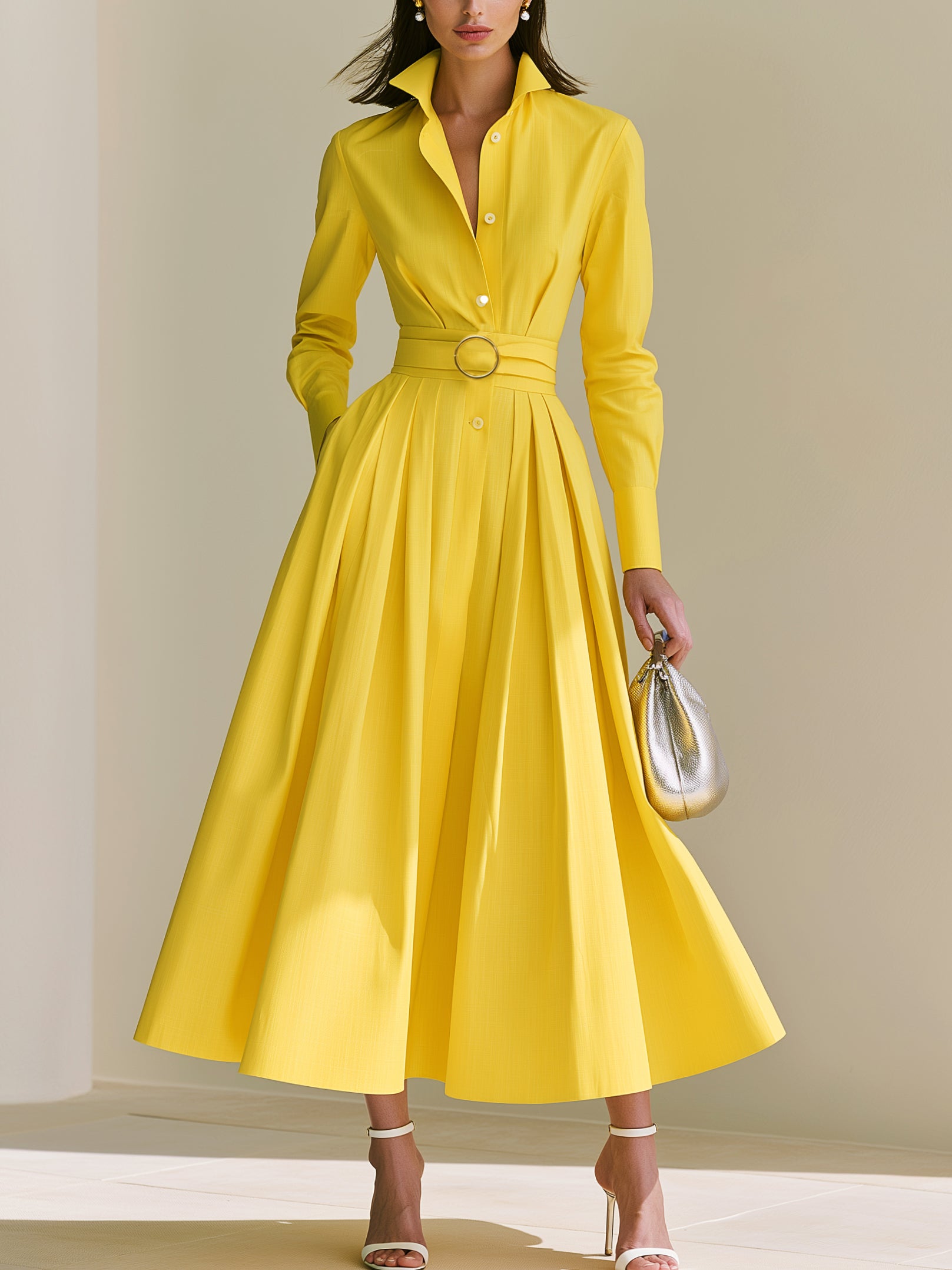 Sunflower Yellow Long Sleeve Belted Shirt Midi Dress