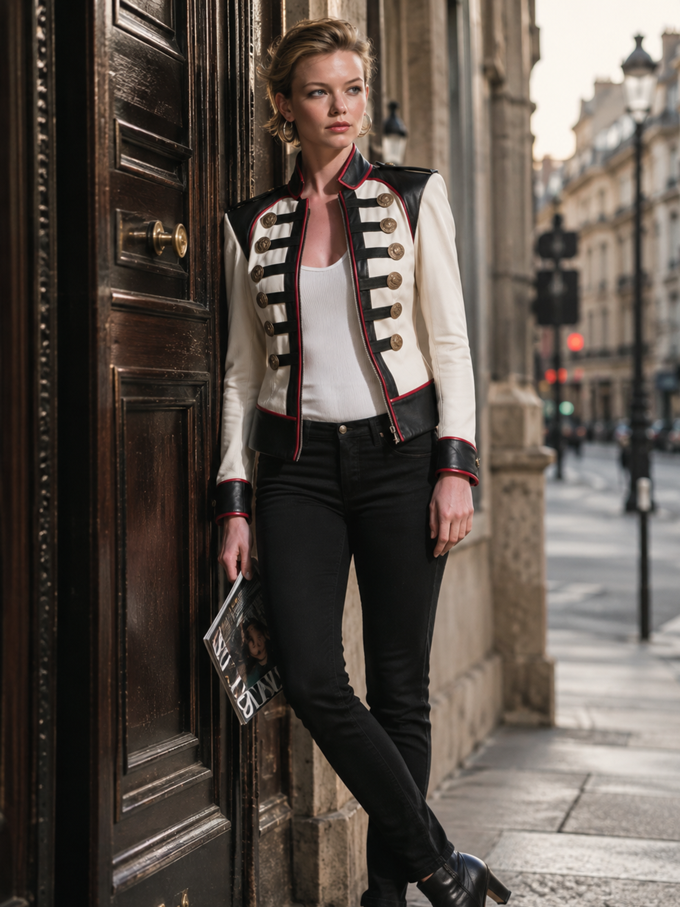Color‑Block Stand‑Collar Gold‑Button Fitted Short Leather Jacket