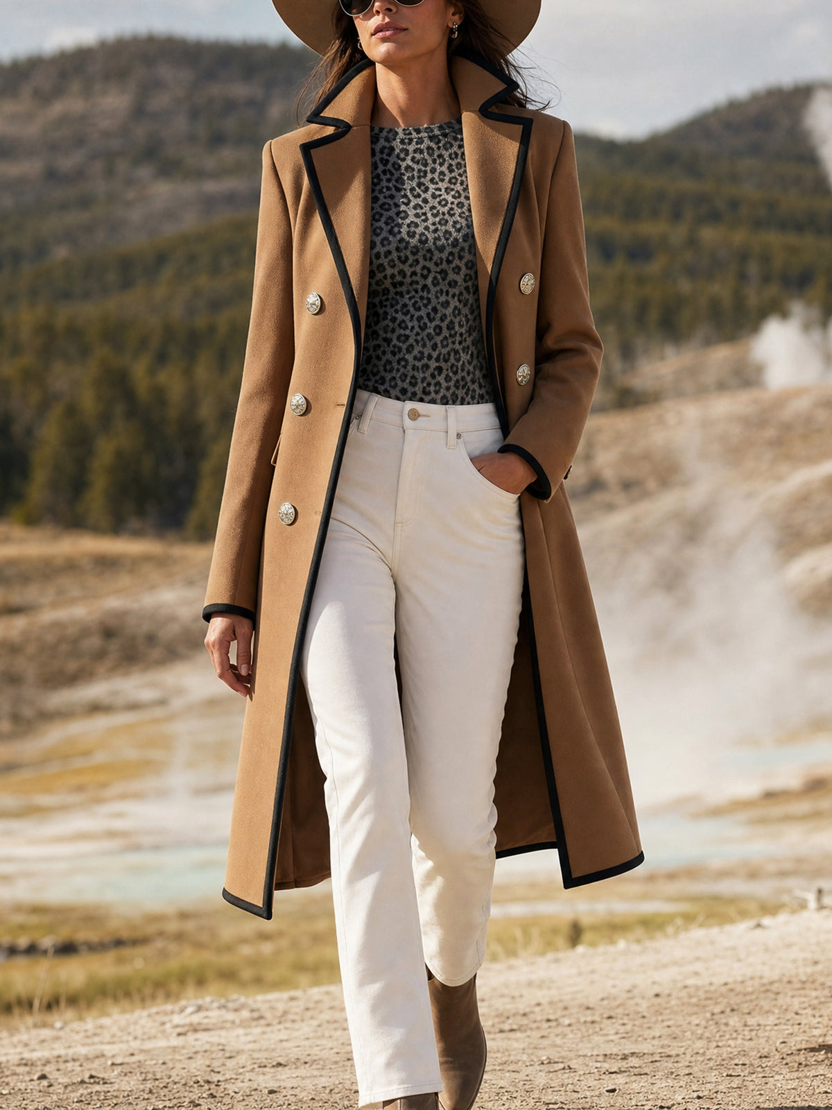 Camel Tailored Black Piping‑Trim Long Coat Outerwear