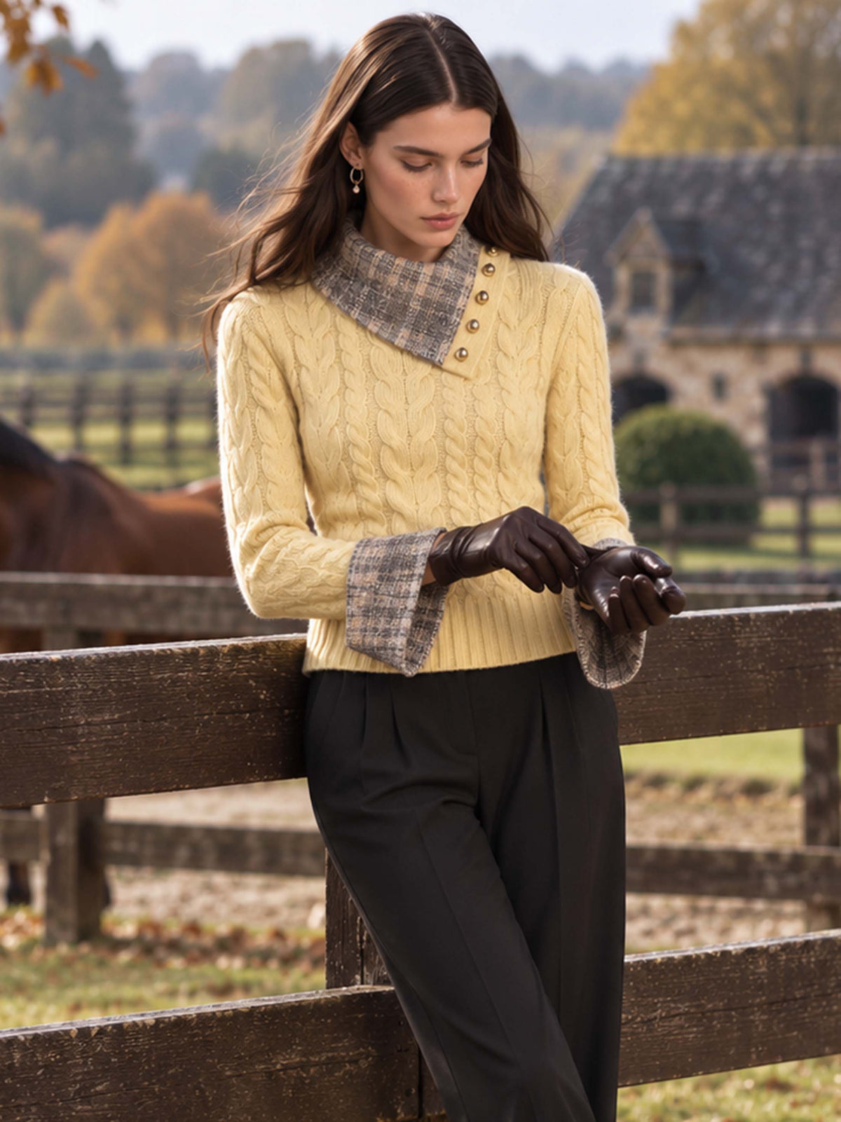 Yellow Cable Knit Sweater With Plaid Asymmetric Collar