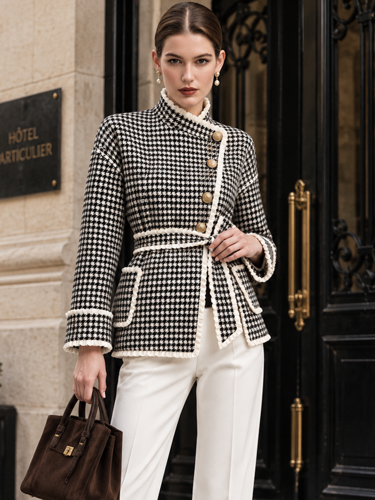 Black White Houndstooth Ruffle Trim Belted Short Coat