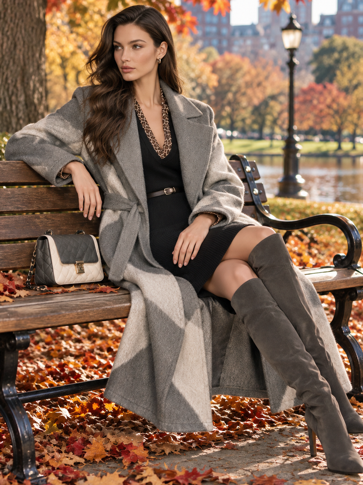 Grey Patchwork Lapel Waist Tie Wool Long Winter Coat