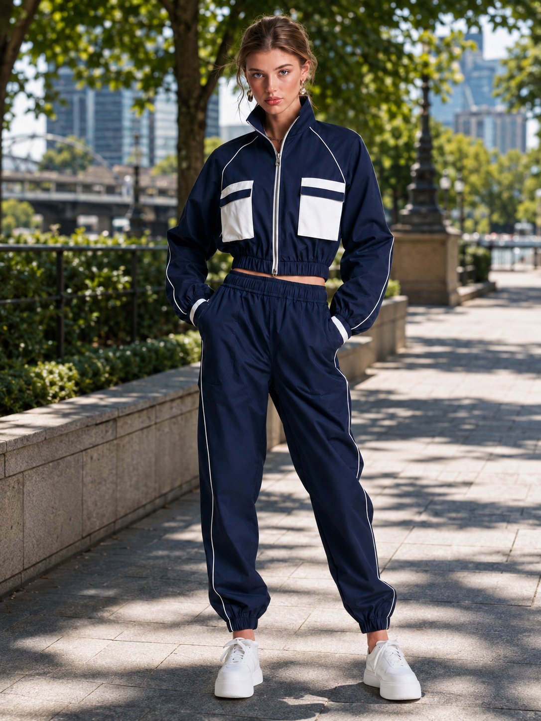 Blue And White Color-block Tracksuit With Large Pockets And A Stand-up Collar