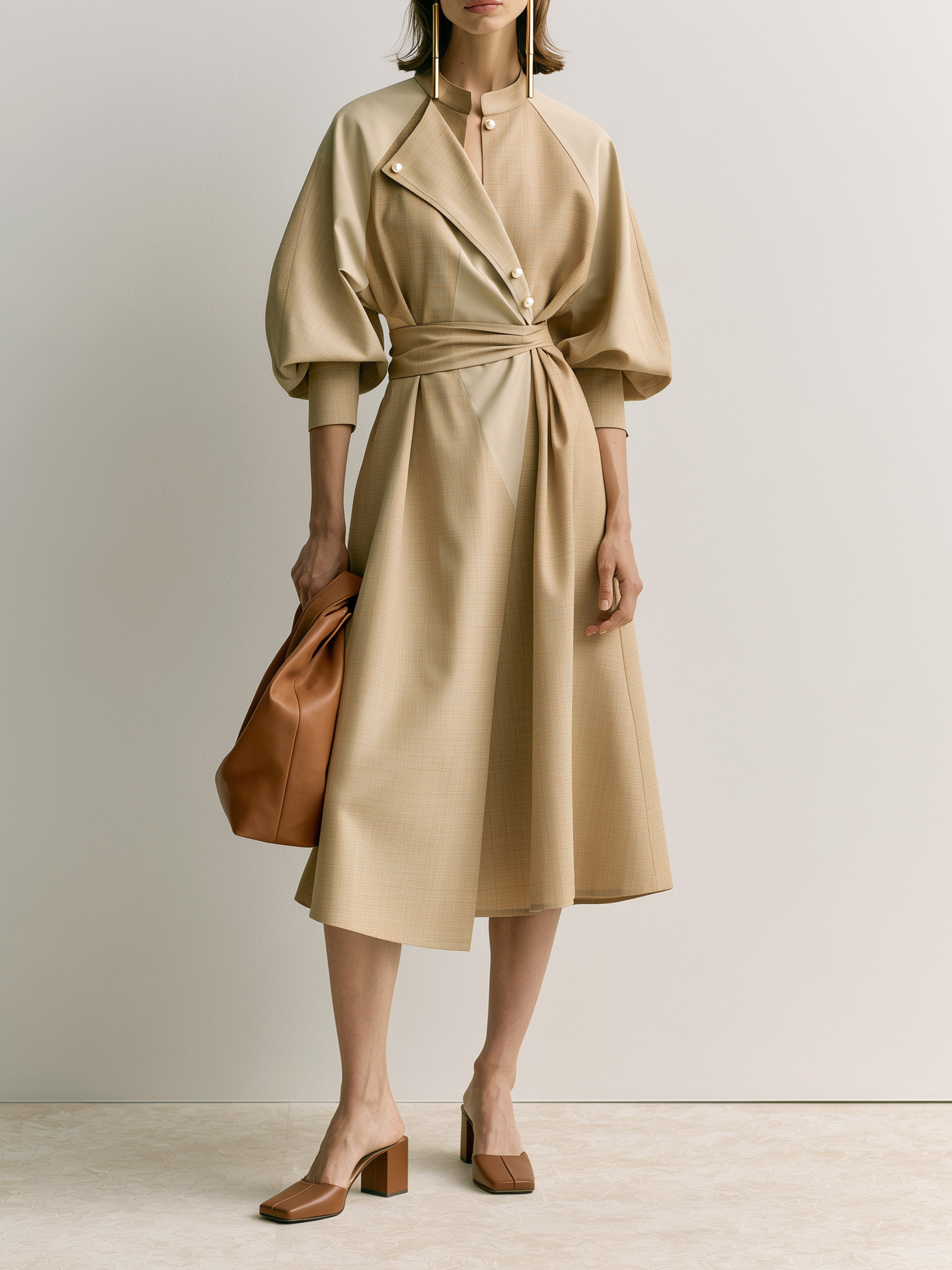 French Khaki Panel Design Shirt Dress
