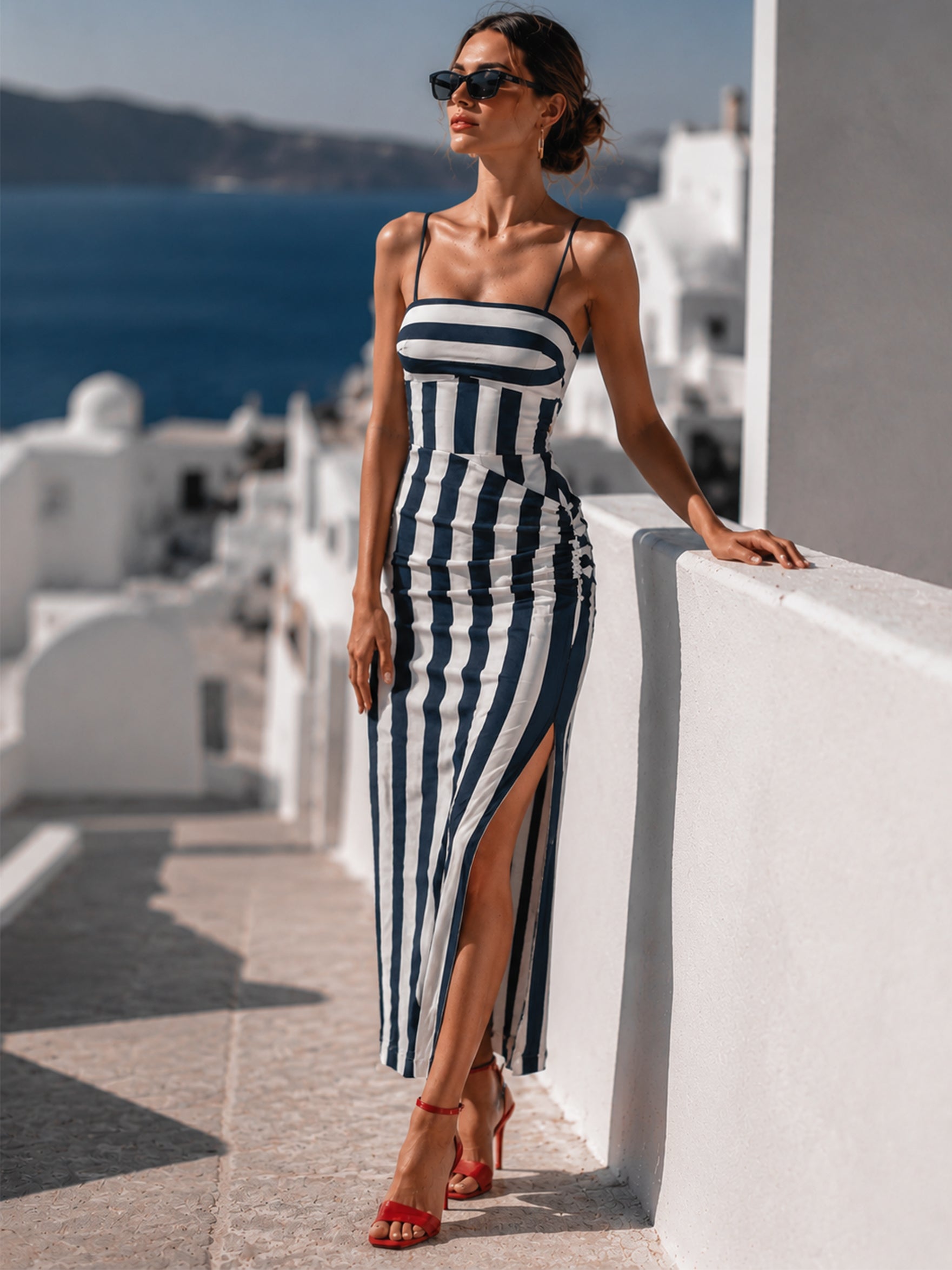 Timeless Blue White Striped Fitted Midi Dress