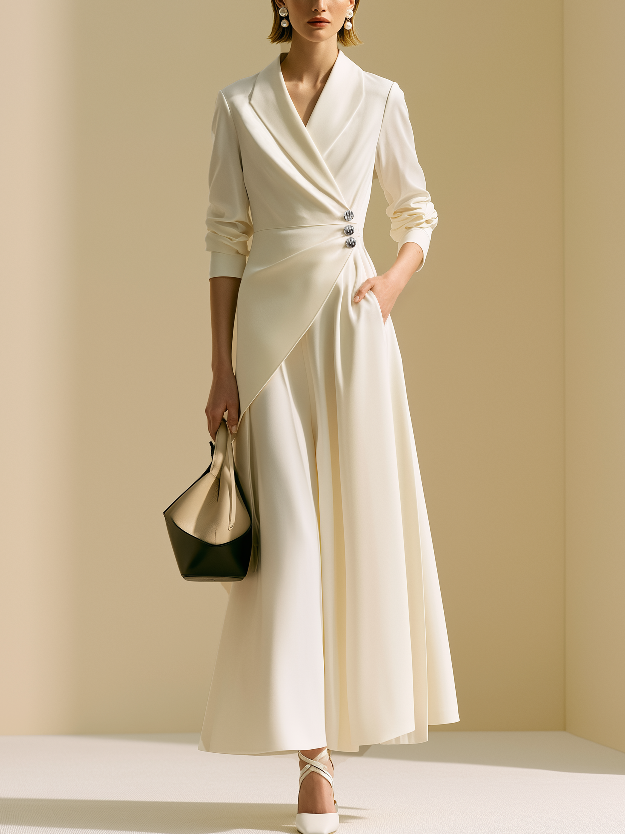 Cream White Lapel Wrap Waist Draped Maxi Dress