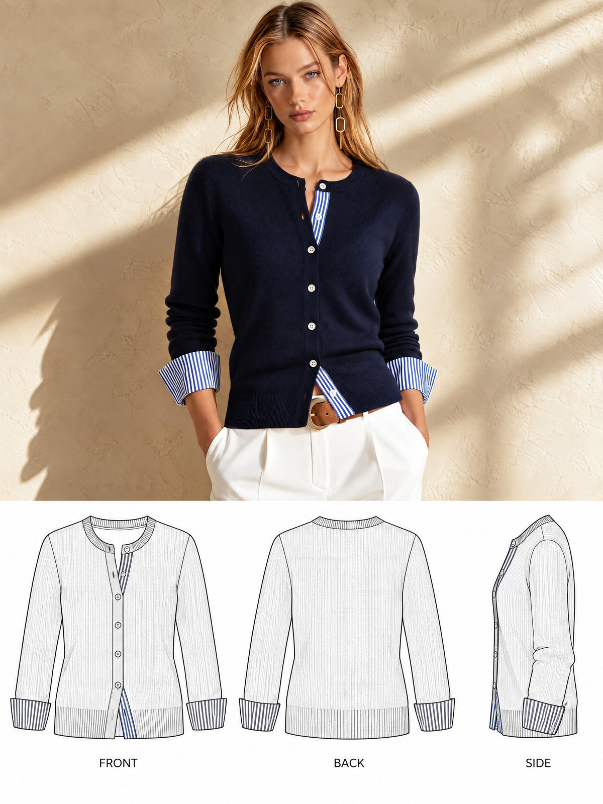 Navy KnitStriped Shirt Detail Cardigan