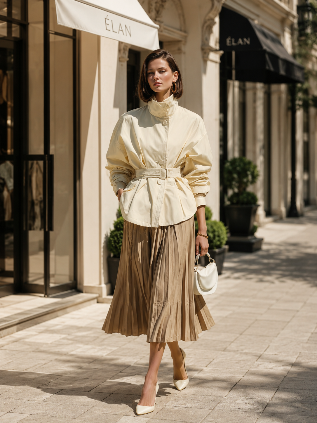 Off-white Short Trench Coat And Pleated Skirt Set