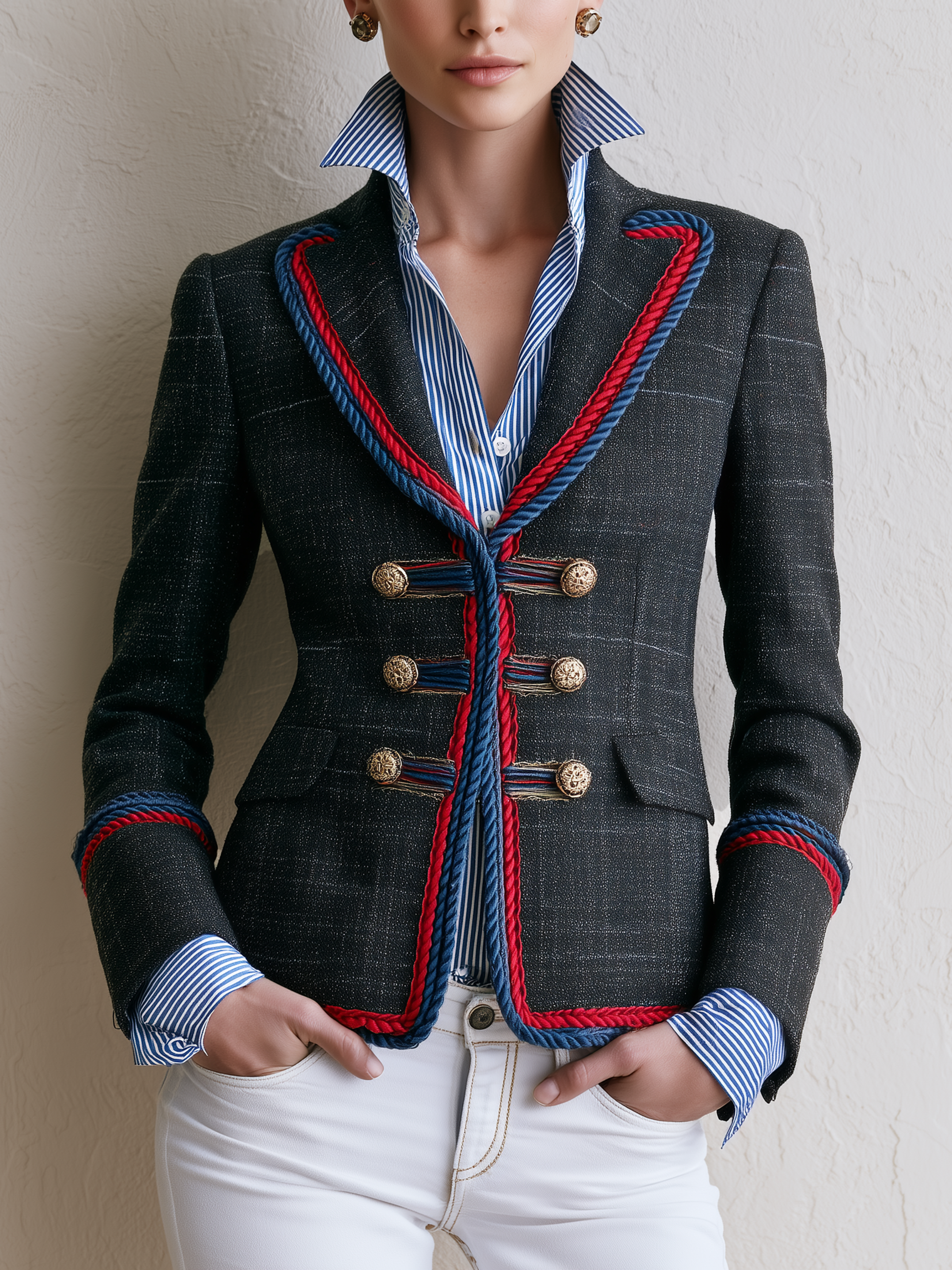Black Tweed Trim‑Edged Waist‑Defined Short Blazer