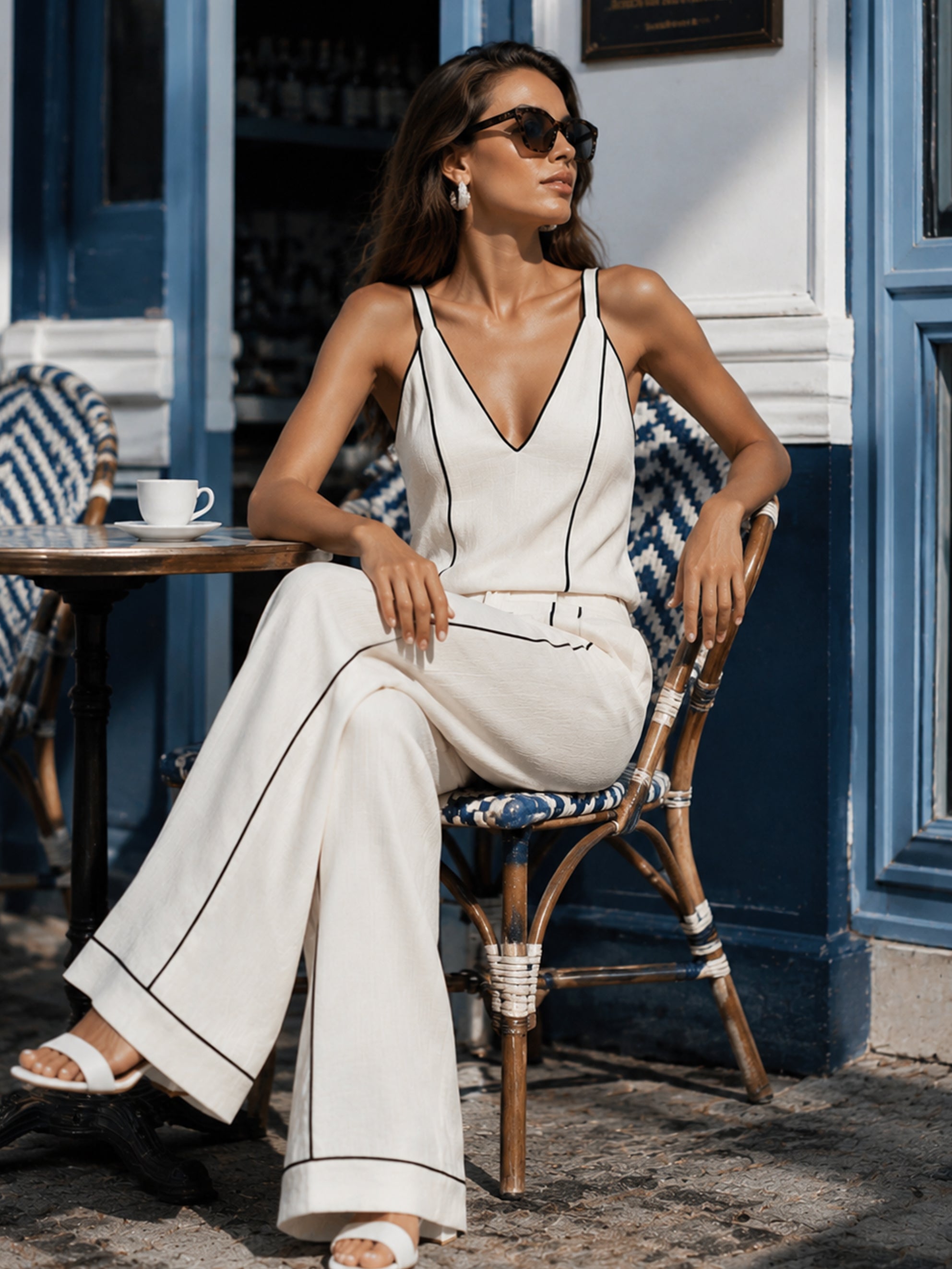 Contrast Piping V-Neck Cami Top & Wide Leg Pants Two Piece Set