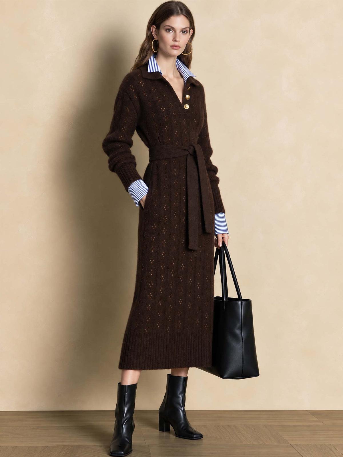 Faux Two-Piece Pointelle Knit Midi Dress