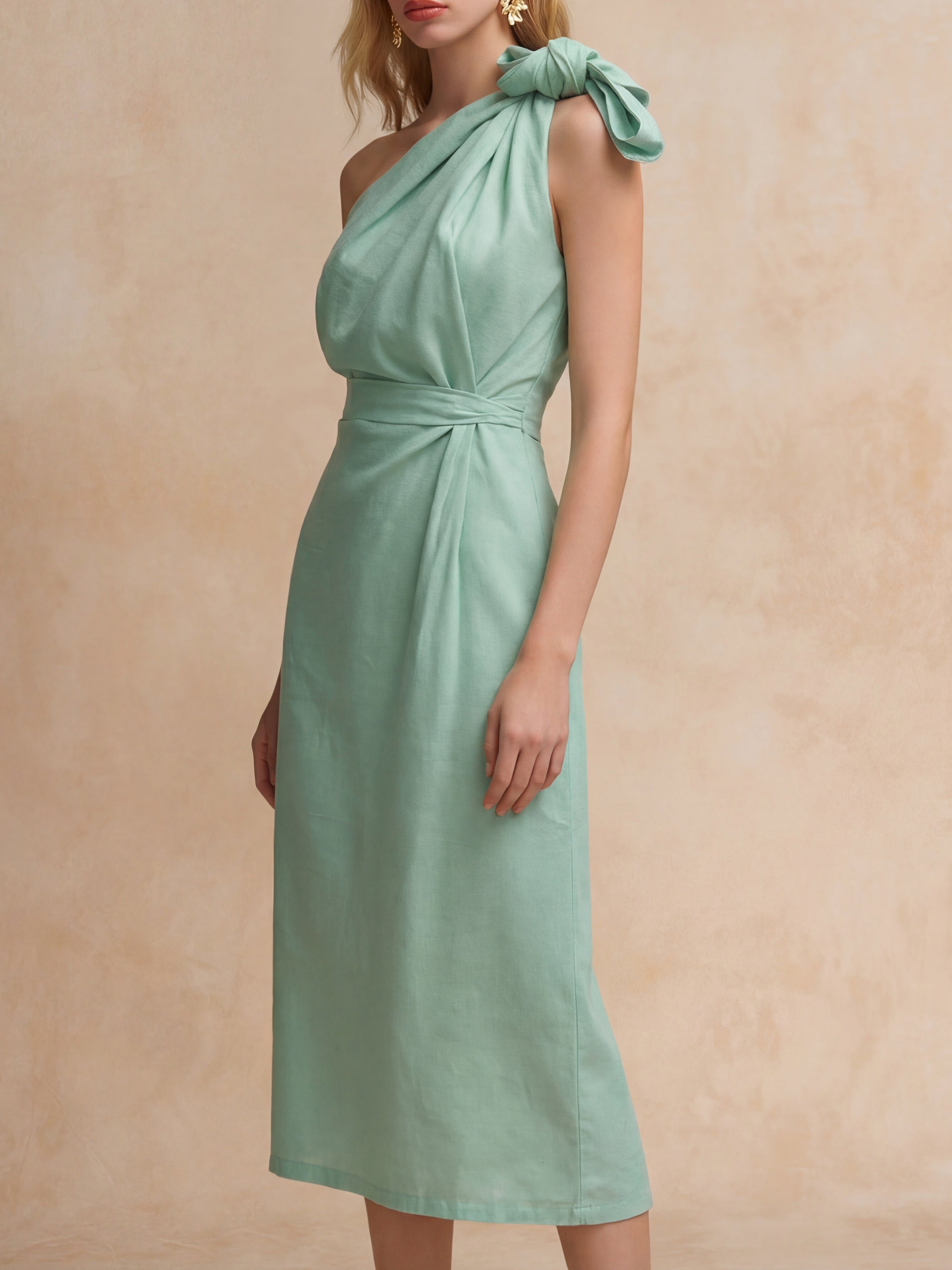 Liserie Cotton Linen Asymmetric Neckline Office Midi Dress